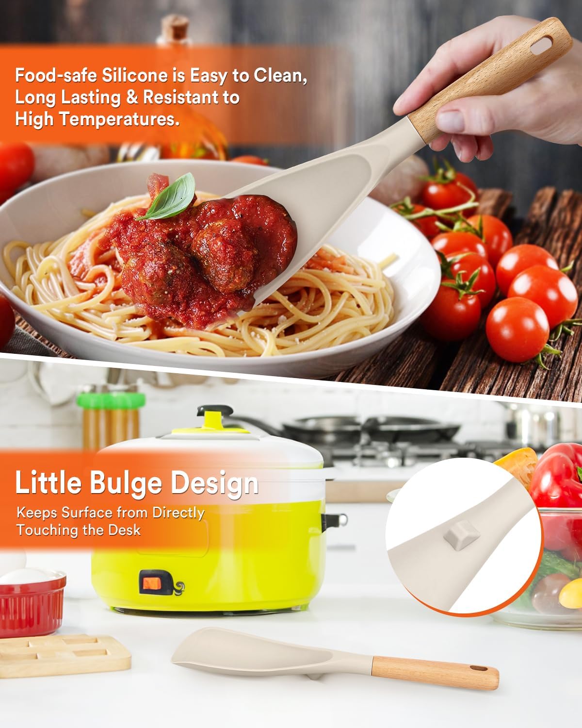 Cooking Spoon and Scraper for Nonstick Cookwares, Great for Cooking and Serving Durable BPA-Free Matte Silicone, Wood Handle Multifunction Spoon for Mixing, Scoop, and Scrape (KHAKI)
