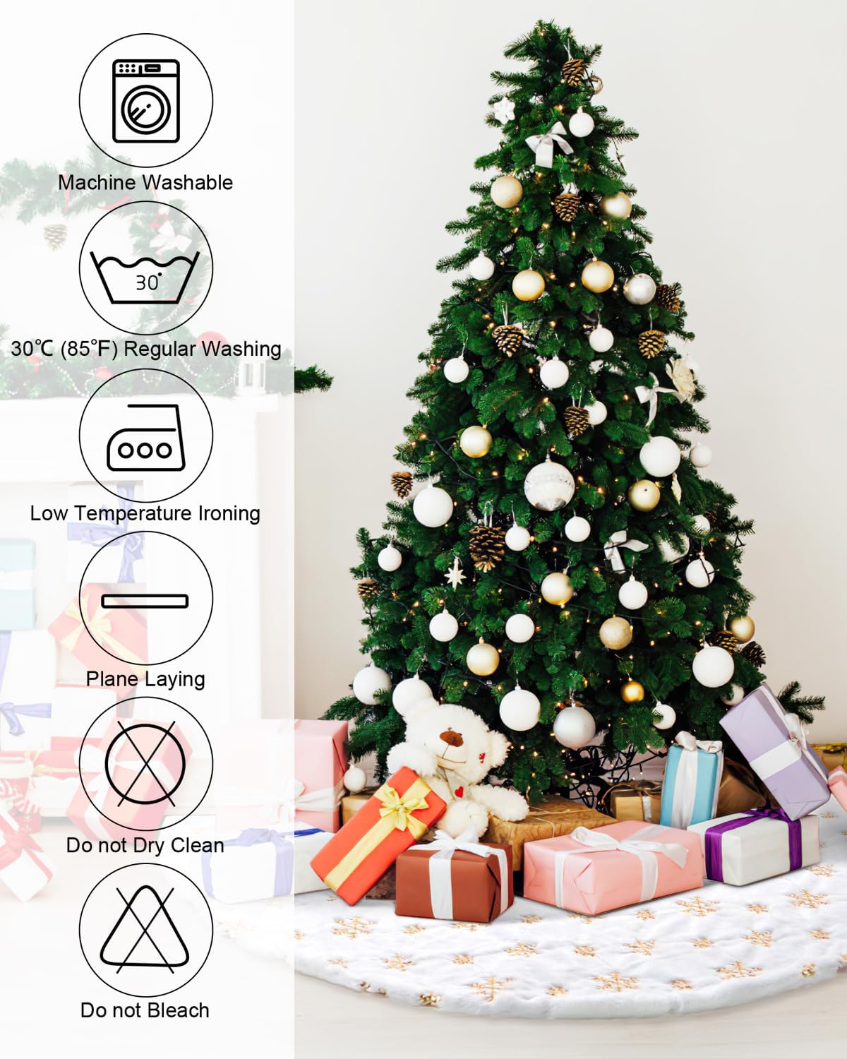 COOLWUFAN 36 Inches Christmas Tree Skirt for Xmas Tree Holiday Party Decoration White Plush Gold Sequin Snowflake (Gold)