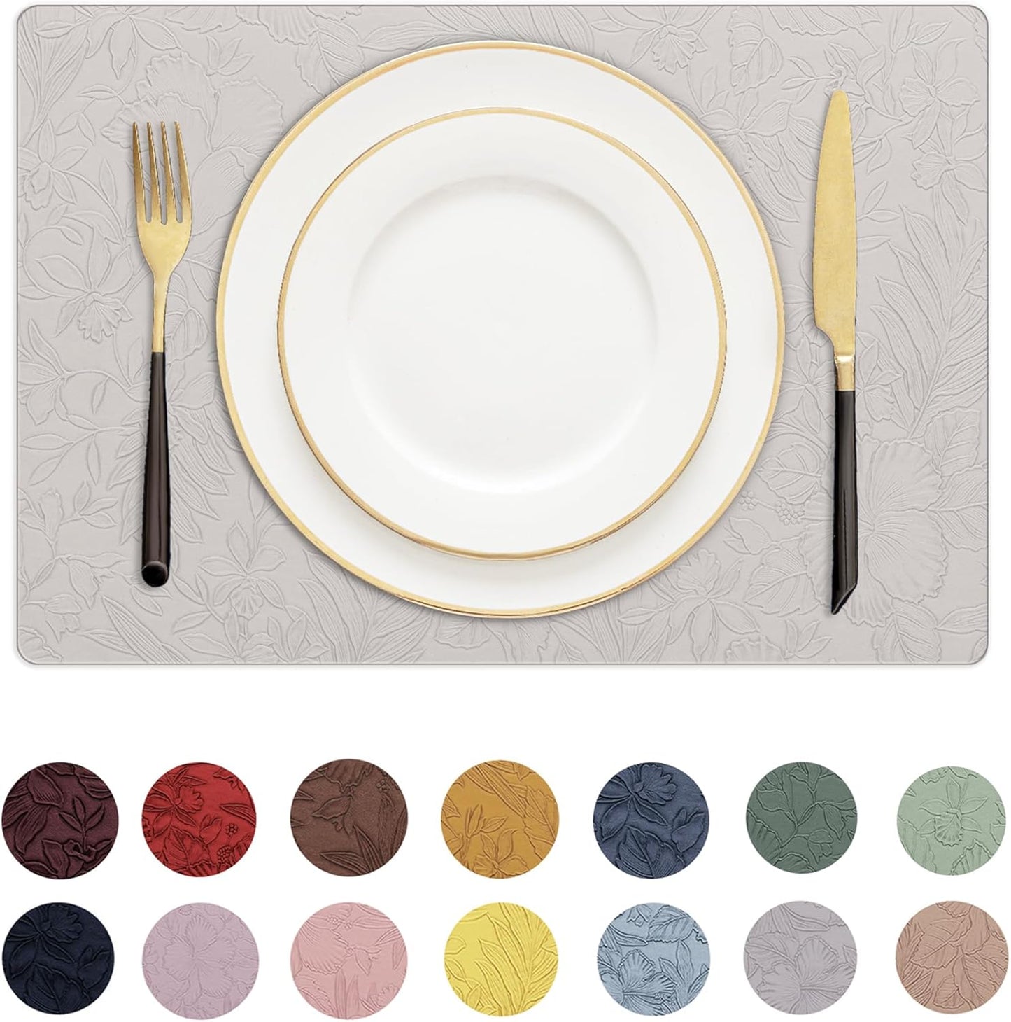 Romanstile Vinyl Placemats Set of 8-12 X 18 Inch - Heat Resistant Non-Slip Embossed Floral Place Mats 100% Waterproof Oilproof Wipeable Faux Leather Table Mats for Kitchen/Dining/Party, LightGrey