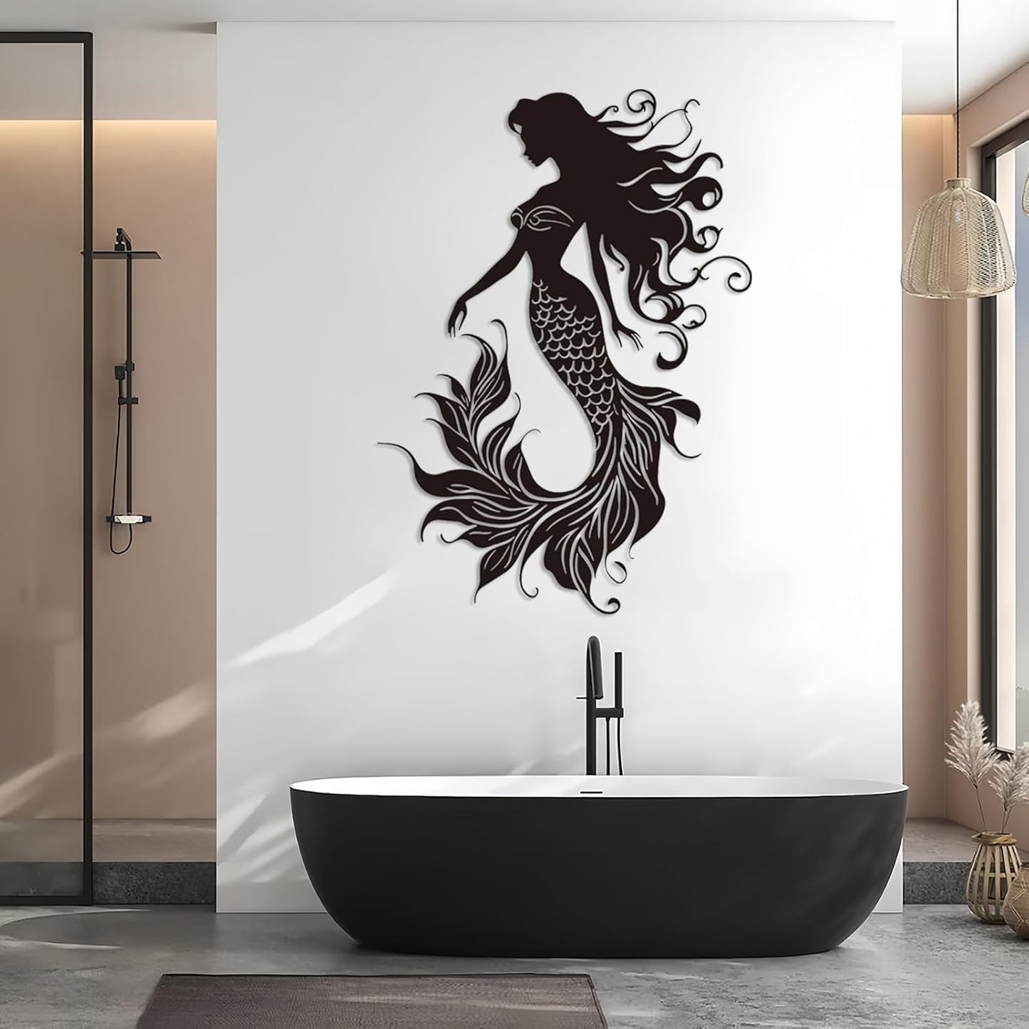 Veplsur Mermaid Metal Wall Art, Metal Mermaid Wall Decor, Marine Biology Wall Decor, Ocean Wall Art, Nautical Wall Hanging, Beach Hanging for Bathroom Bedroom (Black, 19"x13"|47x33cm)