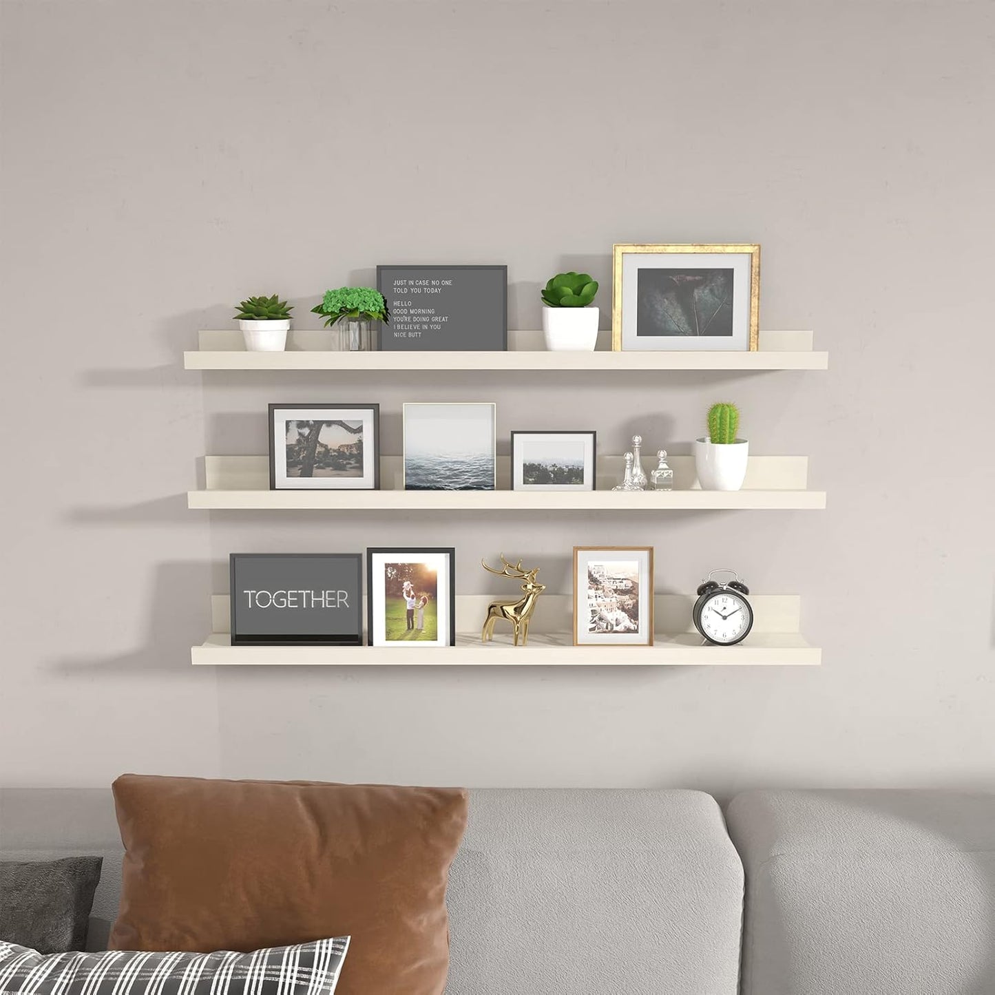 Giftgarden 36 Inch Floating Wall Shelves Creamy White Beige Wood-Grain, Large Picture Ledge Long Wooden Shelfs for Bedroom Living Room Kitchen Bathroom Nursery Office, Set of 3 Different Sizes