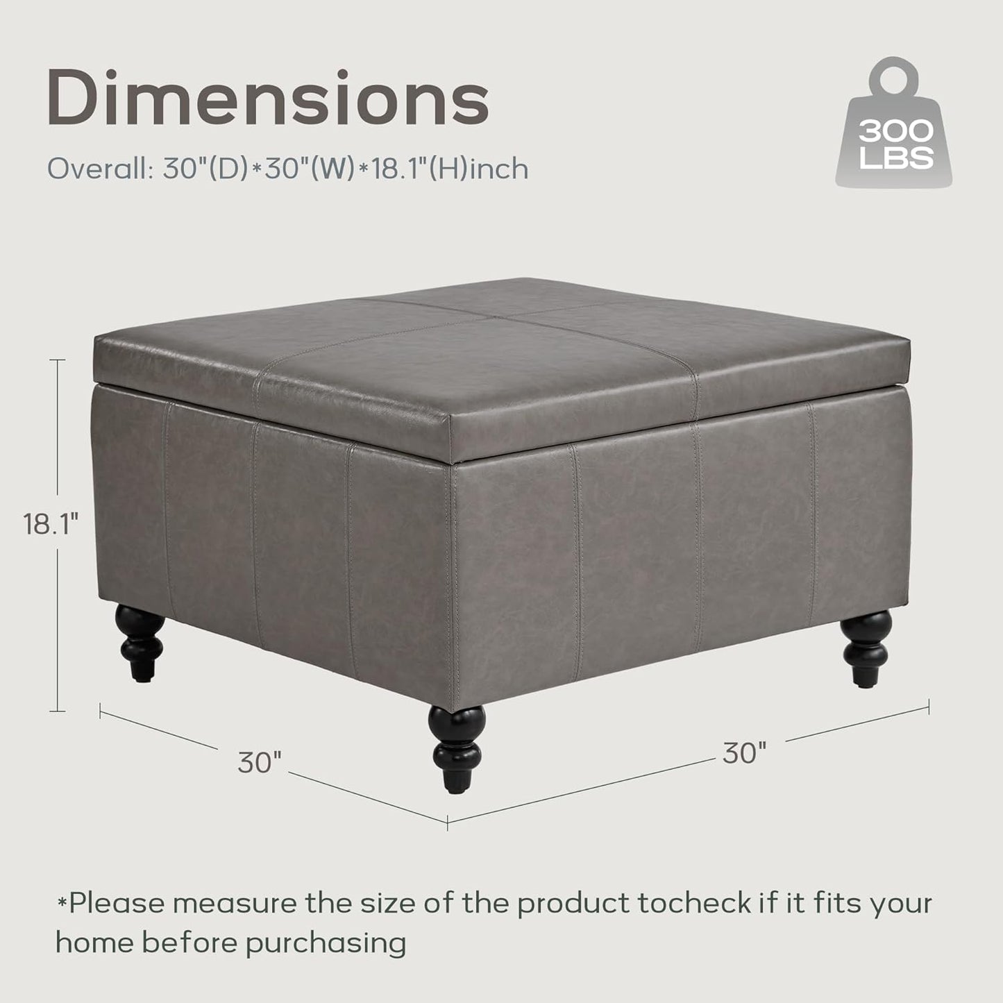 HUIMO Square Leather Storage Ottoman,Ottoman Coffee Table with Storage for Living Room (Taupe)