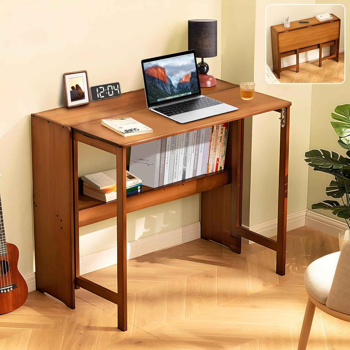 39.37" Bamboo Folding Desk,Space-Saving Computer Desk for Small Spaces, Foldable Study Table for Bedroom, Home Office, Dorm, Apartment (Brown)