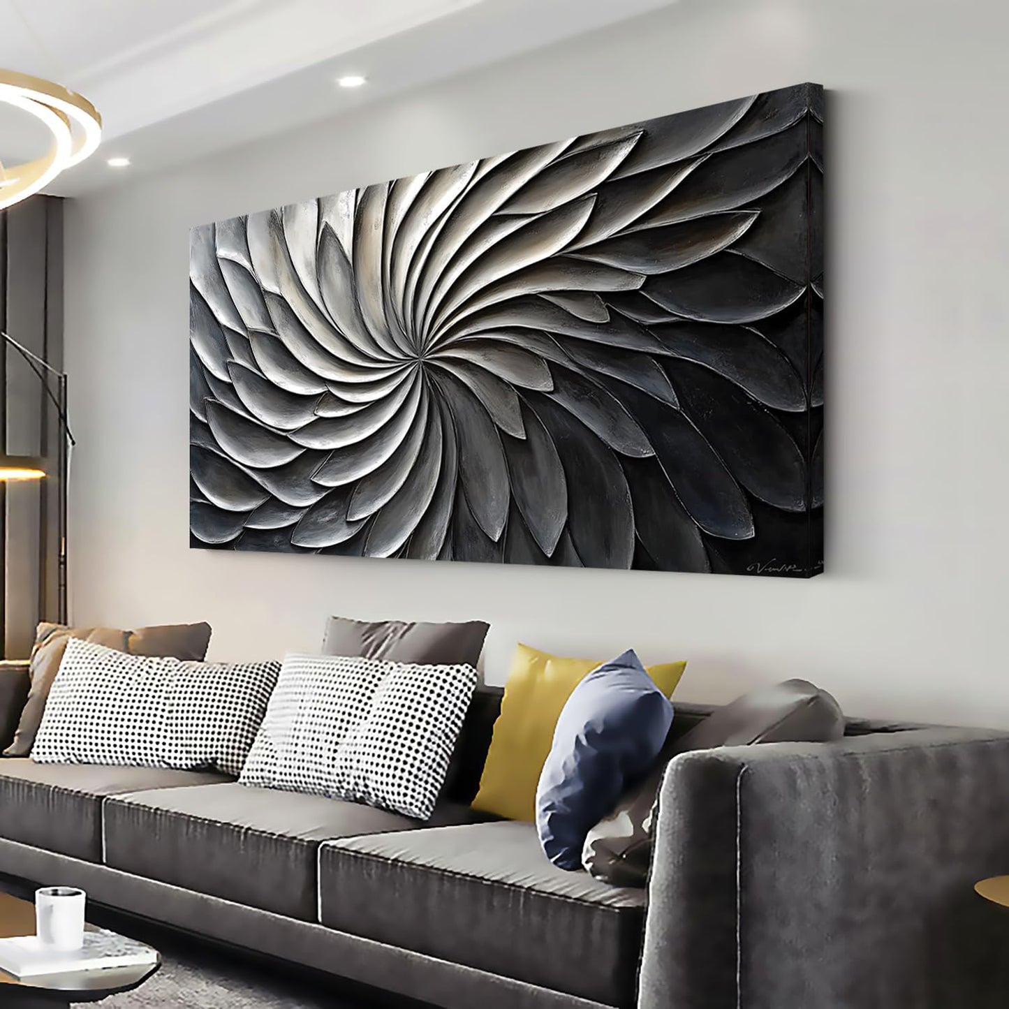 LASMOND Abstract Black and White Wall Art for Living Room Modern Canvas Print Painting Lines Flower Floral Large Artwork Bedroom Home Office Wall Décor (58x28 Inches)