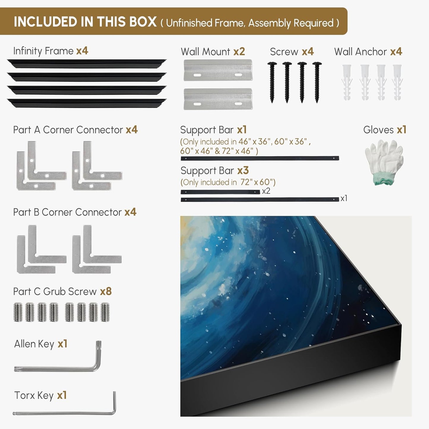 SIGNWIN 46"x60" Extra Large Framed Wall Art Spiral Galaxy Vivid Blue and Yellow Cosmic Space Illustration for Home Living Room Bedroom Decor (Frame Assembly Required)