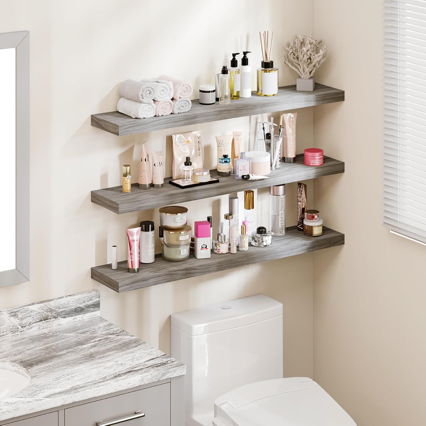 BAMEOS Floating Shelves,40 in W x 8in D Wall Mounted Wooden Shelves with Invisible Brackets Set of 3, Hanging Wall Shelves Decoration for Bedroom, Bathroom, Living Room and Kitchen