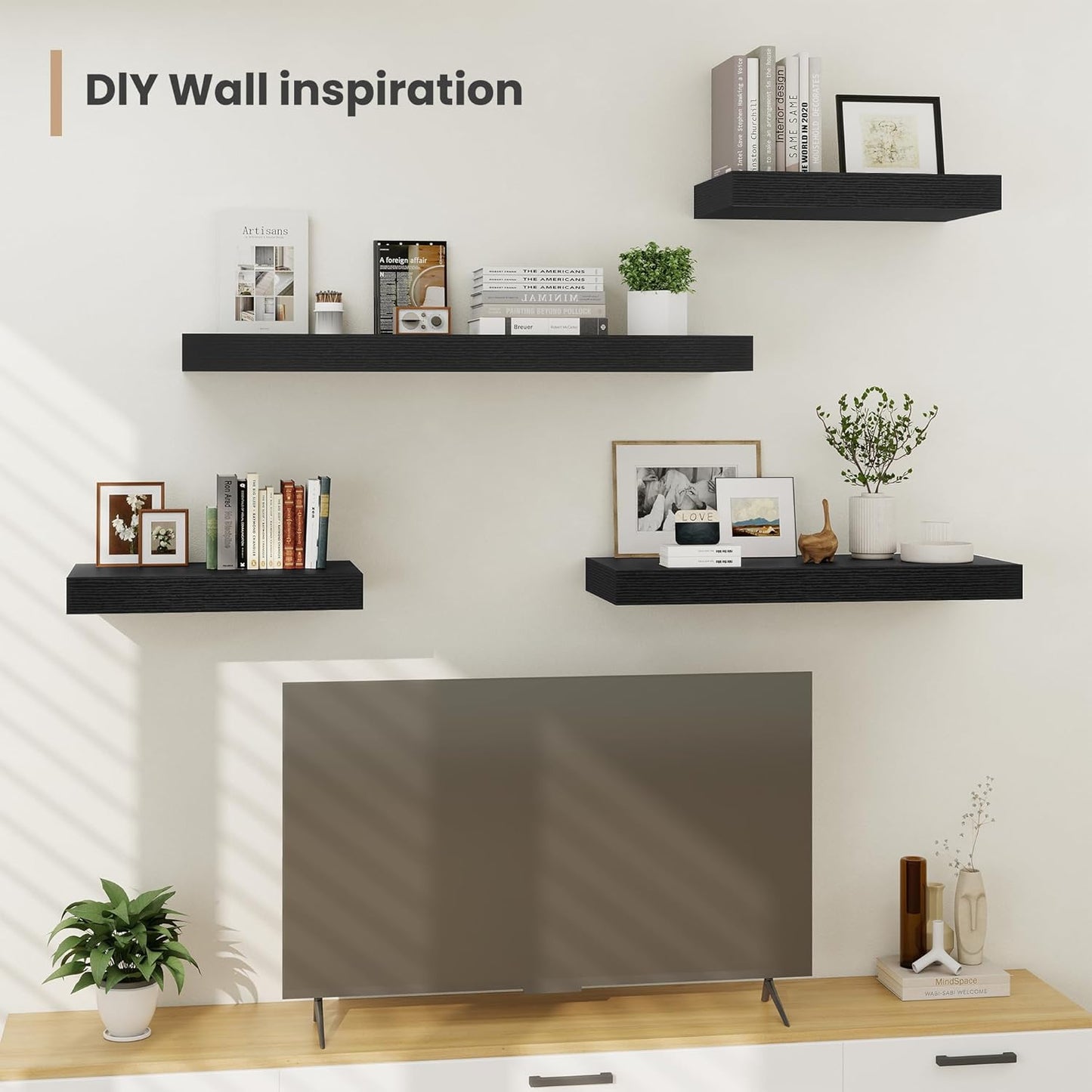 Heimlove 12 Inch Deep Floating Shelves, 48 x 12 inches Long Wall Shelf, Large Display Shelf & Storage Shelf, Rustic Wood Wall Shelves for Fireplace Mantel, Set of 2(Black)