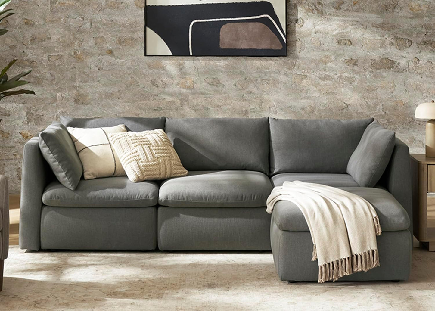 mopio Oversized Modular Sectional Sofa with Fully Removable Covers and Storage, Convertible U, L-Shaped and Sleeper Sectional, Modern Couches with Ottoman Chaise (Stone Gray Fabric, 4 Seats, L)