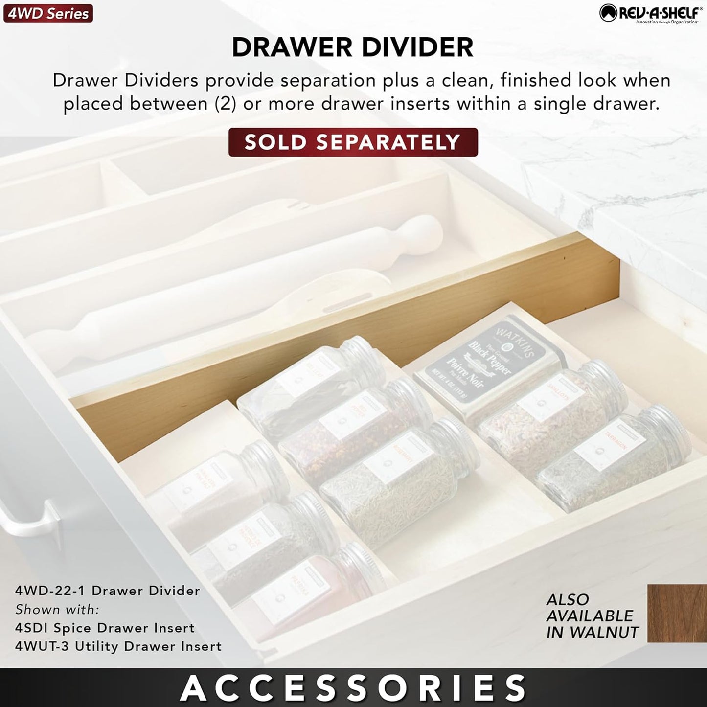 Rev-A-Shelf 3 Tiered Seasoning Organizer for Wooden Kitchen Drawers, Pull Out Spice Rack, 19.75 x 33.15 x 1.74 In, Maple, 4SDI-36-1