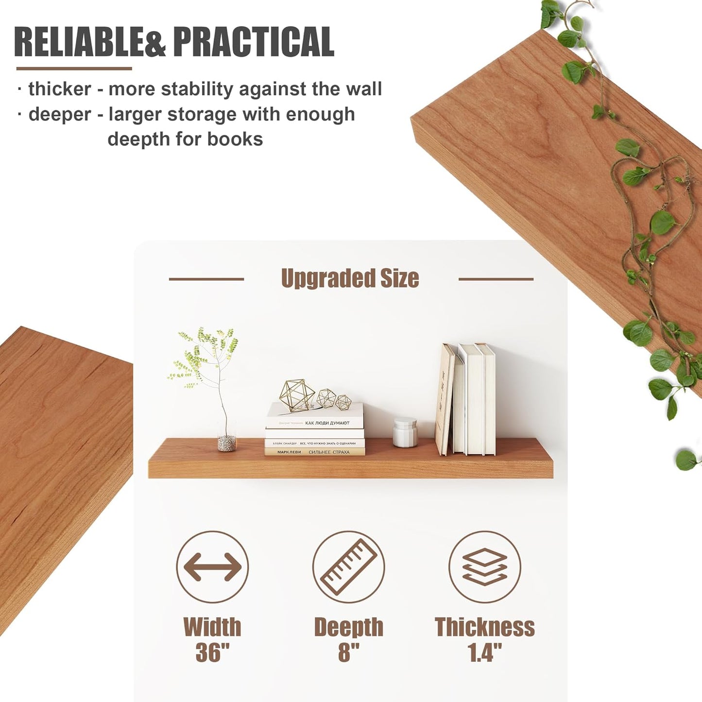 Floating Shelves for Wall, USA-Sourced Cherry Wood 36 Inch Long Wall Shelves Set of 2, Natural Wooden Wall Mounted Picture Ledge Shelf, Nursery Book Storage Shelf Kids Bookshelf, Display Shelf
