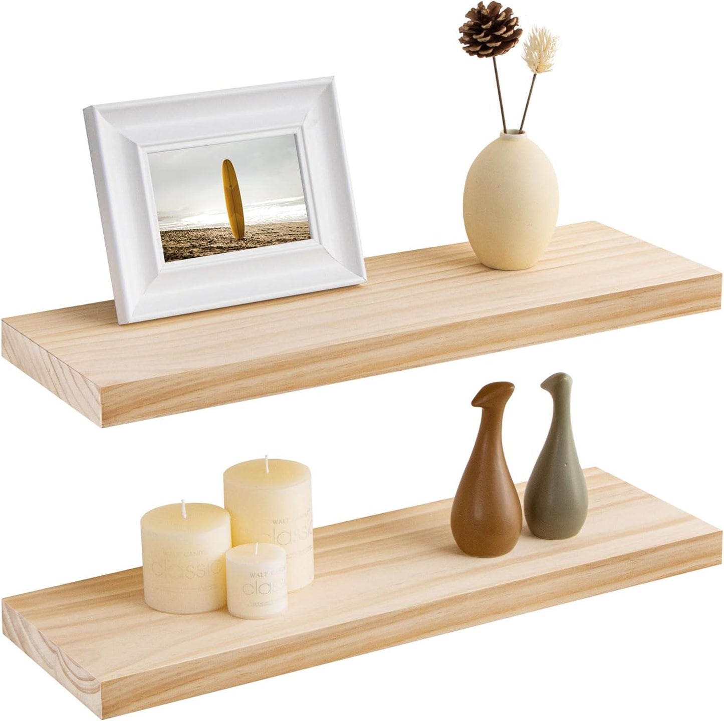 Fun Memories Farmhouse Floating Shelves - 8 Inch Deep Rustic Wood Wall Shelf - Premium Solid Pine Wood Storage Shelf for Kitchen Living Room Bedroom - 24" W x 8" D - Set of 2 - No Stain - Unfinished