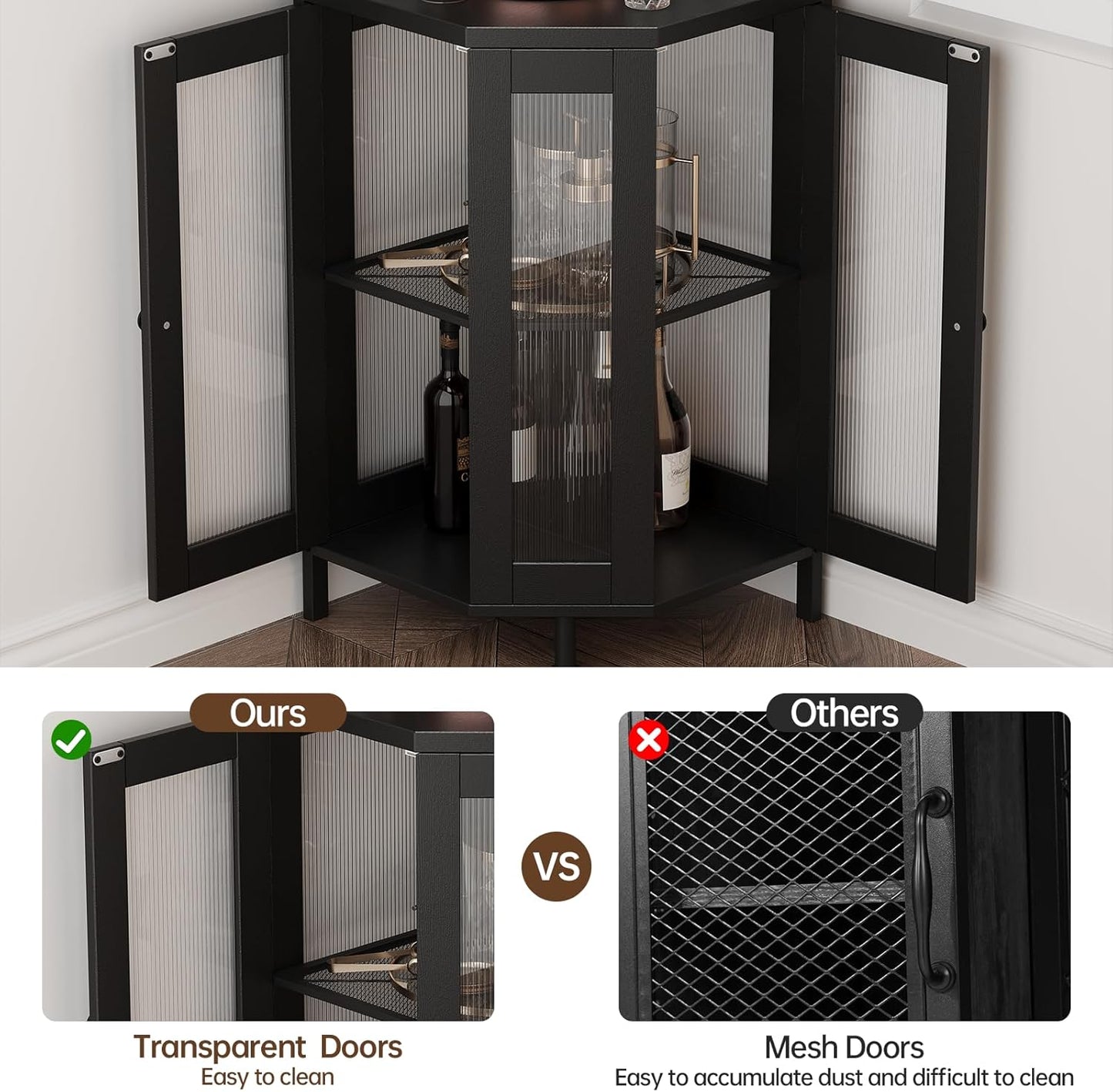 Corner Bar Cabinet with Power Outlet, 5-Tier Corner Wine Cabinet with Led Strip and Glass Holder, Industrial Tall Liquor Cabinet Bar Wine Rack for Home，Black