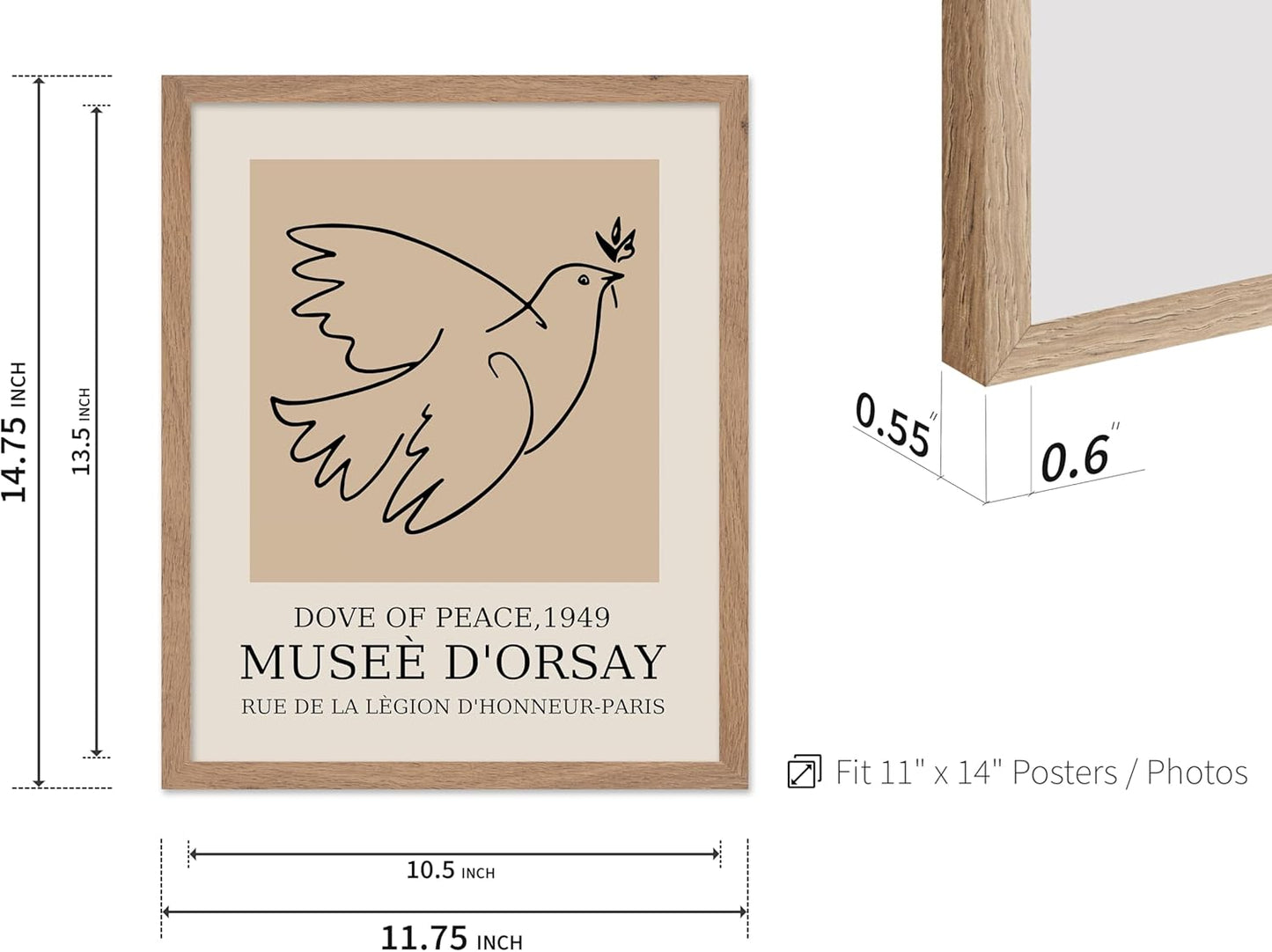 Poster Master Vintage Poster - Retro Minimalist Print - Gift for Artist, Friend - Dove Of Peace, Line Drawing, Sketch, Abstract - Wall Decor for Living Room, Bedroom, 11x14 Beige Framed