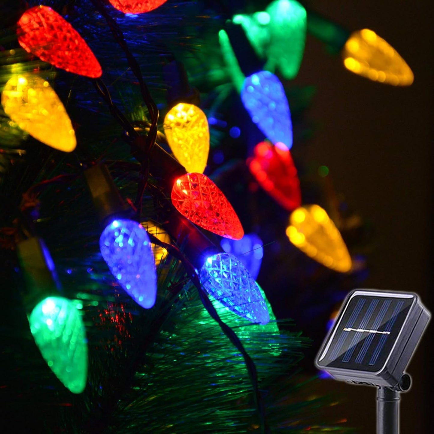 2 Pack Solar Christmas Lights Outdoor C6 Strawberry String Lights, LED Christmas Fairy Lights 50 LEDs Solar Operated Rechargeable Garden Lights for Christmas Tree, Arbor Decor (Multicolor, 8 Modes)