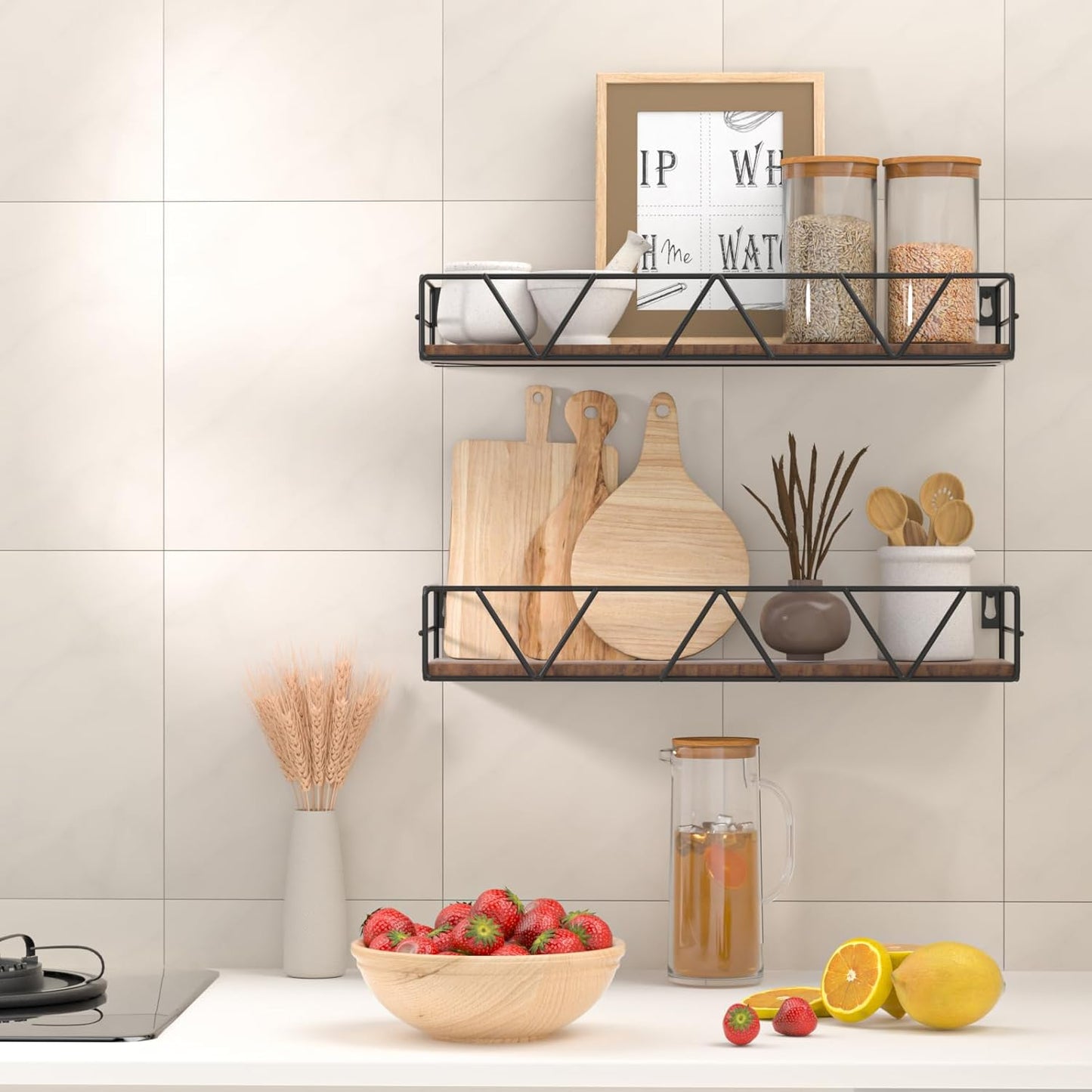 Floating Shelves Set of 3, Home Wood Wall Shelf, Farmhouse Shelf for Bedroom, Wall Mounted Floating Shelf for Living Room, Bedroom, Bathroom, Kitchen, Office (Black)
