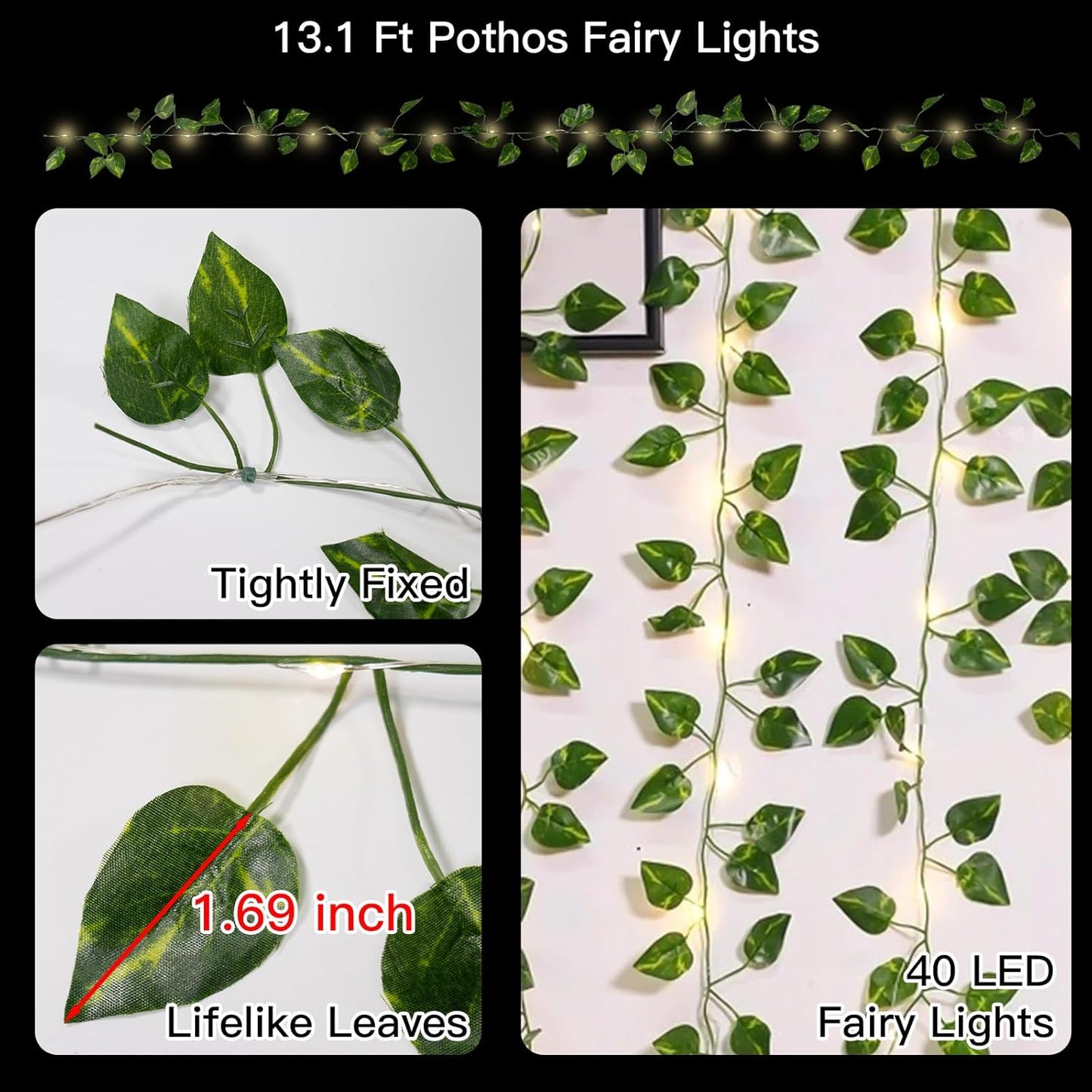 suddus Vine with Fairy Lights Battery Operated, 13.1ft 40 LED Pothos String Lights with Remote, Leaf Lights for Bedroom, Room, Wall, Garden, Party, Wedding Decor(Warm White)