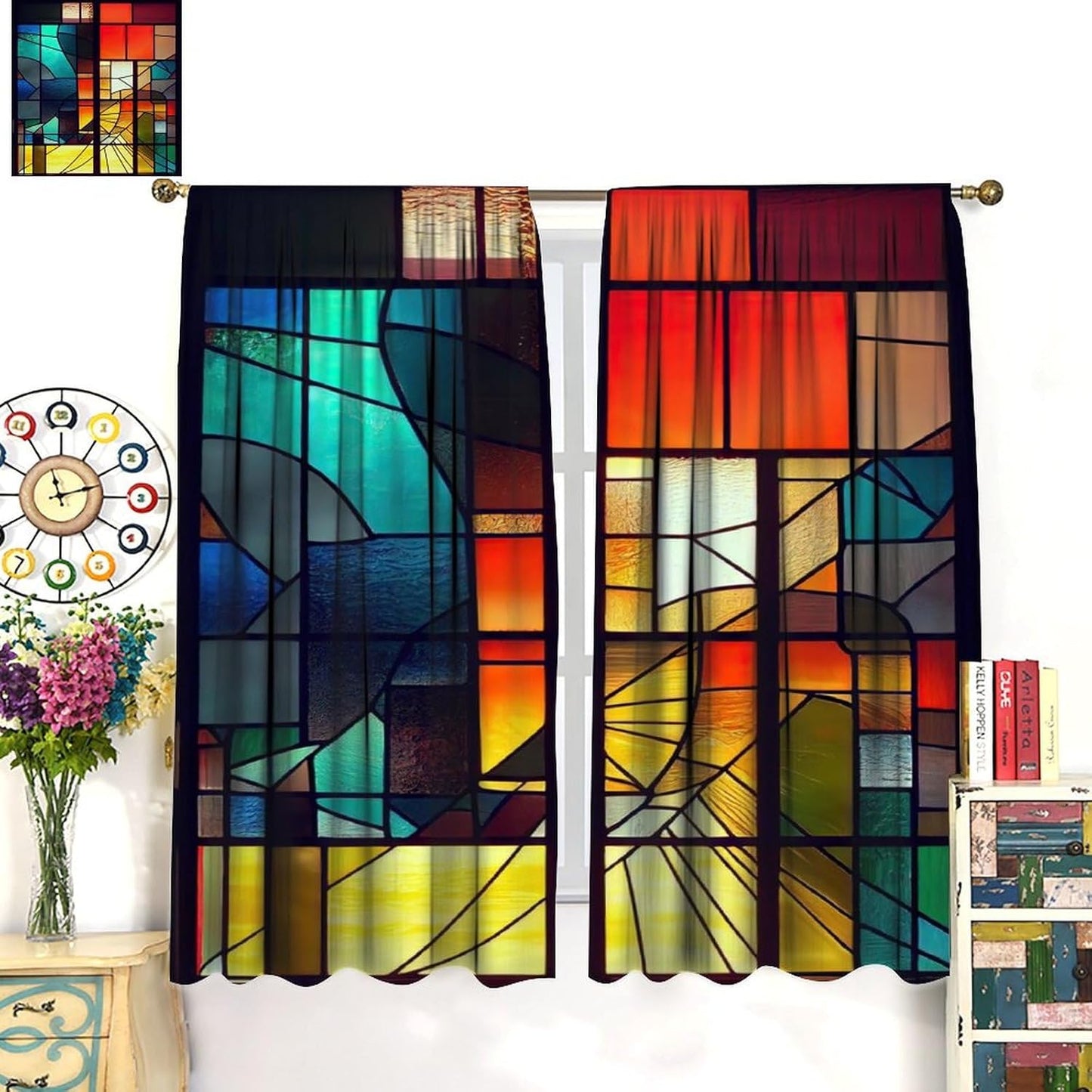 Stained Glass Curtains,Retro Abstract Colorful Geometry Textures Art Home Decor Drapes for Bedroom Living Room Kitchen Window Treatment 2 Panels Set Total Size 52" W X 84" L Inch