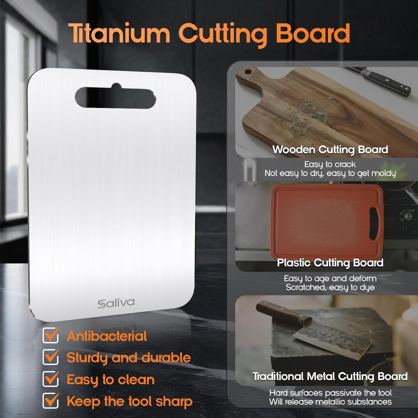 Saliva 3pcs Titanium Cutting Boards for Kitchen, Titanium Cutting Board Set of 3, Non Toxic Double Sided Food Grade, Dishwasher Safe, No Blunt Knife, Chopping Boards with Handle for Meat & Vegetable