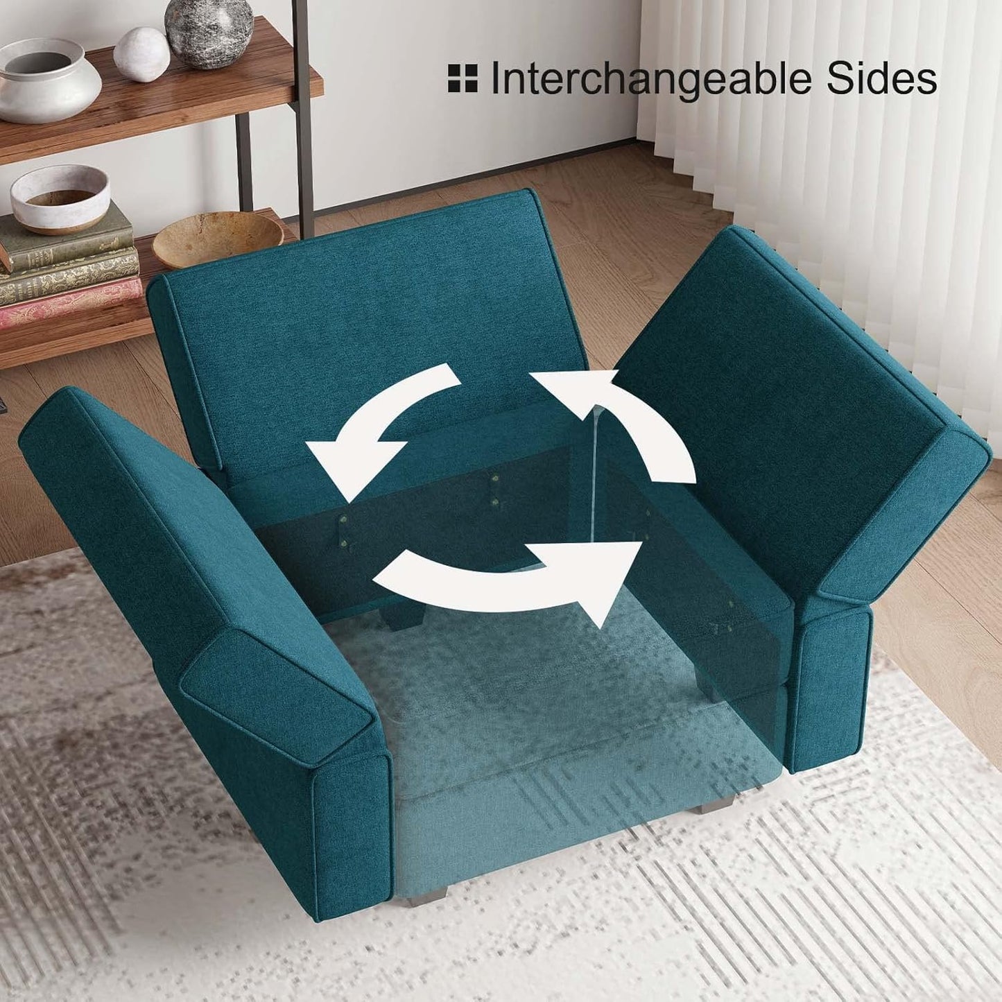 Bellfin Modular Sectional Sleeper Sofa Convertible Sofas with Storage Ottomans Small Sectional Couches for Living Room. Peacock Blue Couch