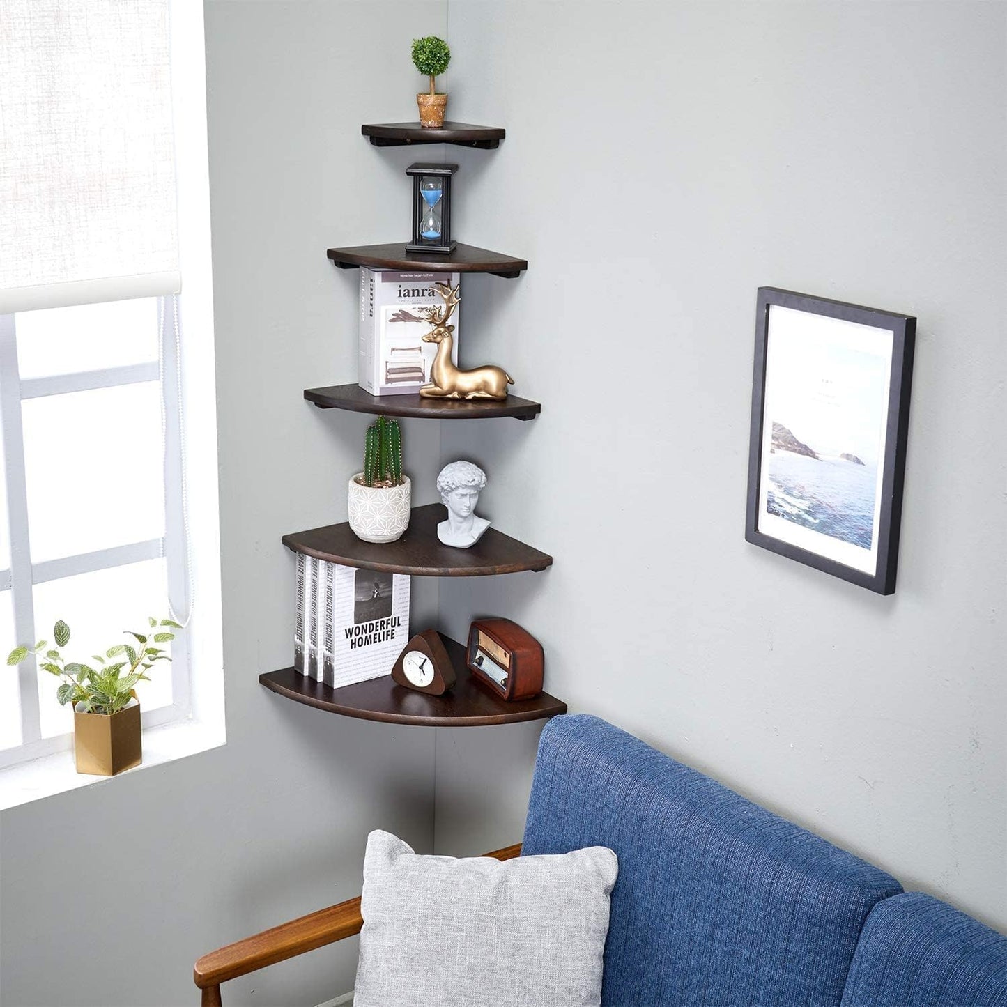 Corner Shelves, Floating Corner Shelf, Set of 2 7inch Solid Oak Wood Corner Wall Shelves, Round End with Wire Hole for Small Plant for Bedroom Kitchen, Living Room
