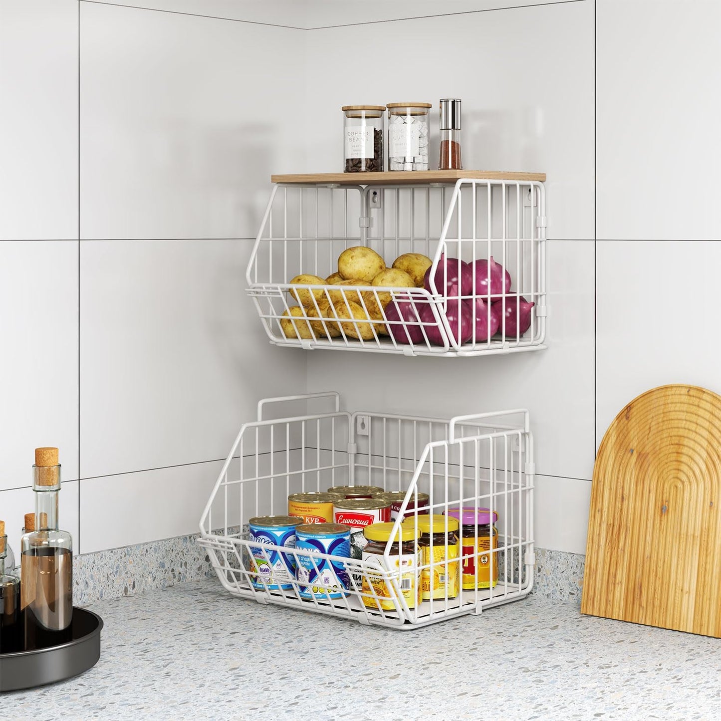 Wetheny 2 Tier Stackable Wall Mounted Wire Basket Fruit Basket with Wood Lid - Kitchen Pantry Organization and Storage, Hanging Storage Basket for fruits, Onion, Potato, Produce, Vegetable (White)