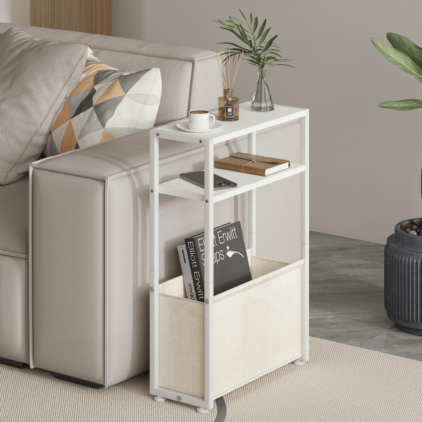 Narrow Side Table, Slim End Tables with Fabric Basket, Skinny Table for Small Spaces, Thin Bedside Table for Living Room, Bedroom (1, White + Camel Brown)