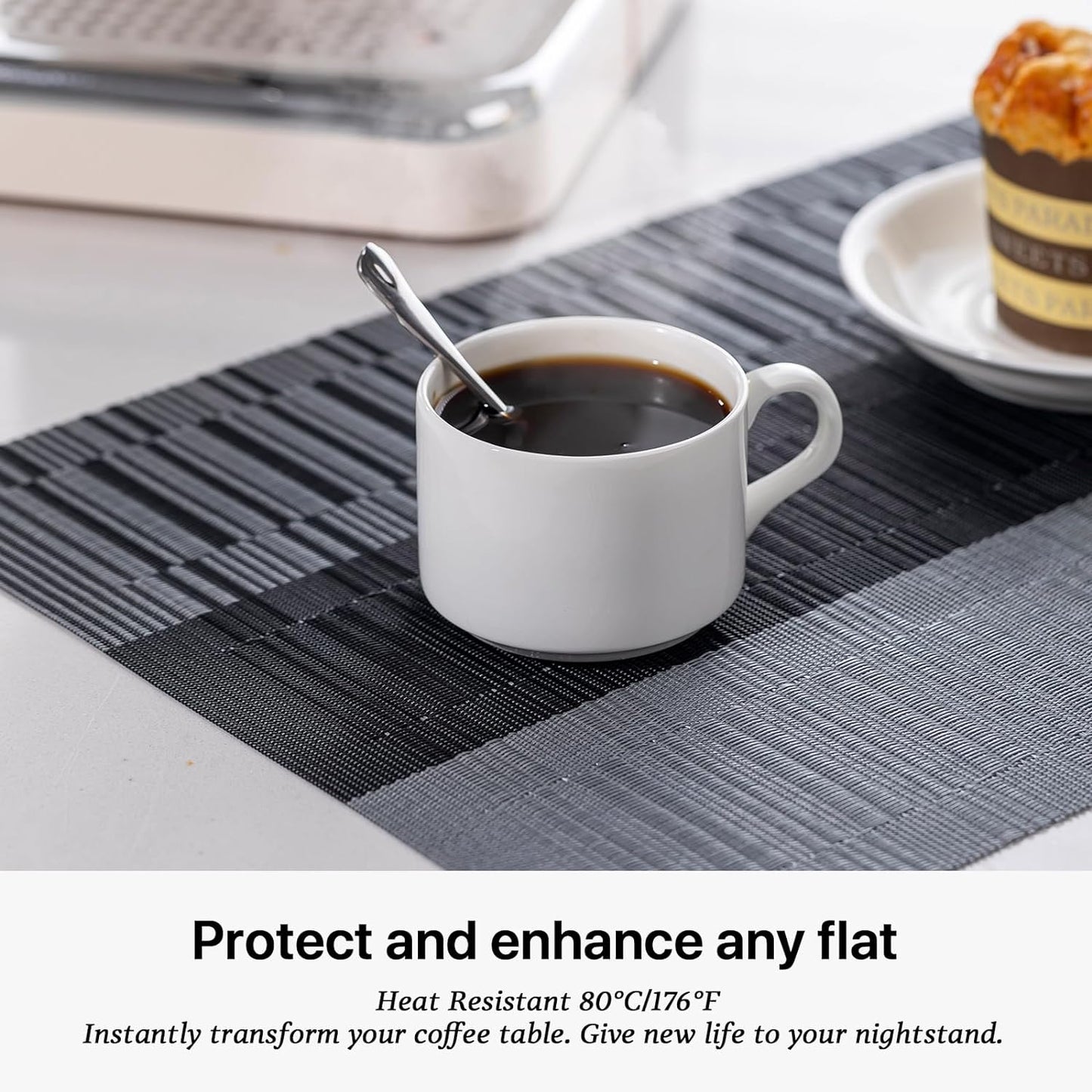 LEXMORE Placemats Set of 8 Vinyl/Plastic Woven Place Mats for Kitchen Table Indoor/Outdoor Washable Placemat Wipeable Dining Table Mats(E-Silver Gray Black)