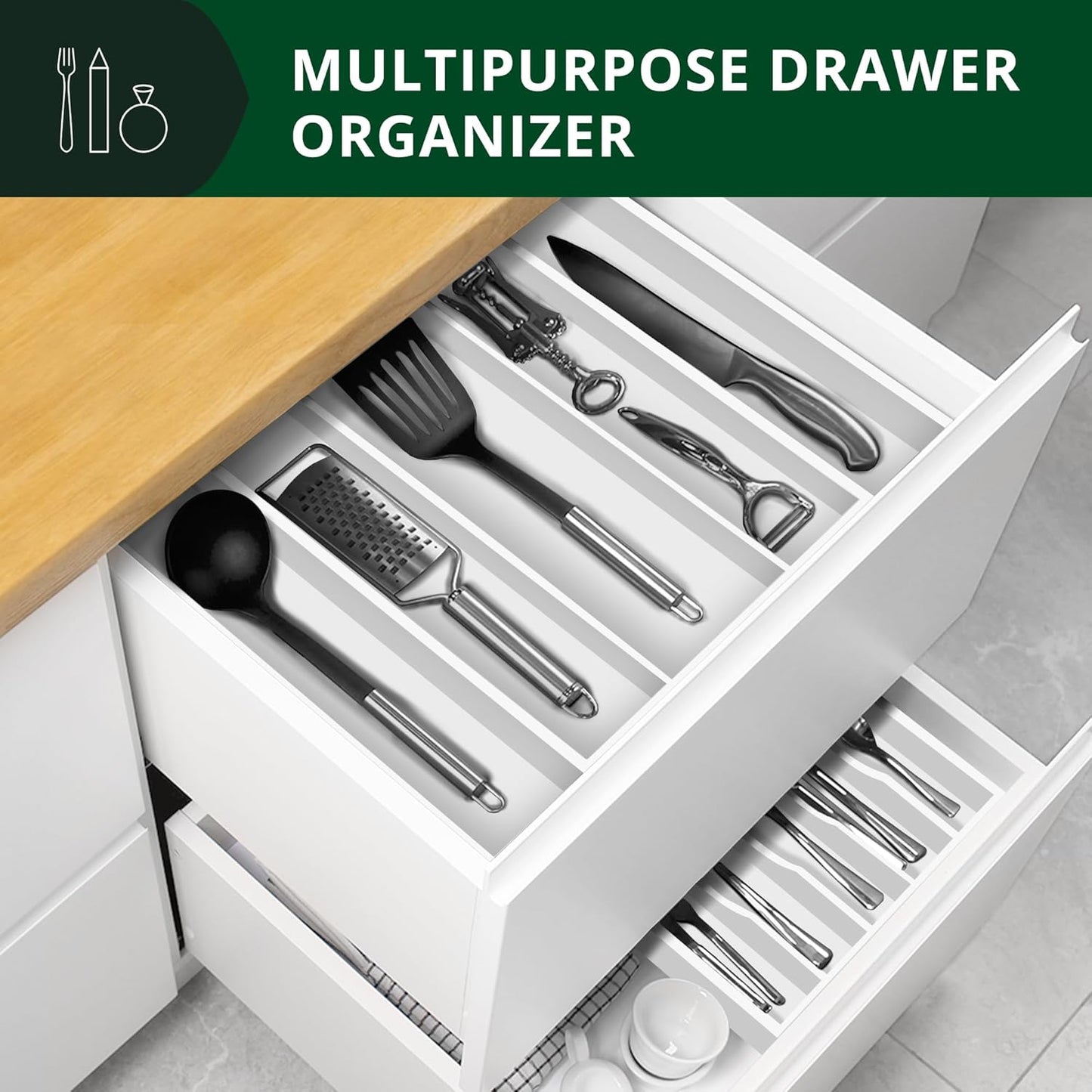 ROYAL CRAFT WOOD Luxury Bamboo Kitchen Drawer Organizer - Silverware Organizer - Utensil Holder and Cutlery Tray with Grooved Drawer Dividers for Flatware and Kitchen Utensils (5 Slot, White)