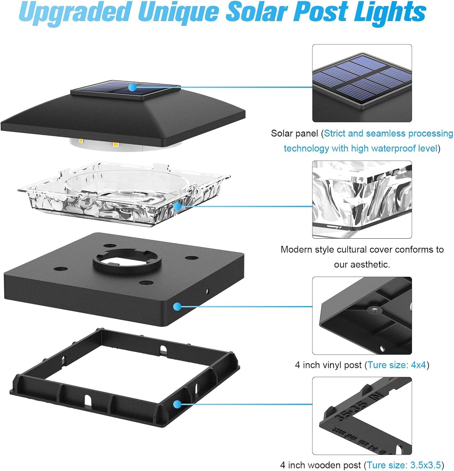 VOLISUN 4x4 Solar Post Cap Light 6pack,Solar Fence - Cap Lights Outdoor Waterproof for Wooden/Vinyl Post,Black Deck Post Cap Light Solar Powered with Warm White for Garden/Patio/Porch