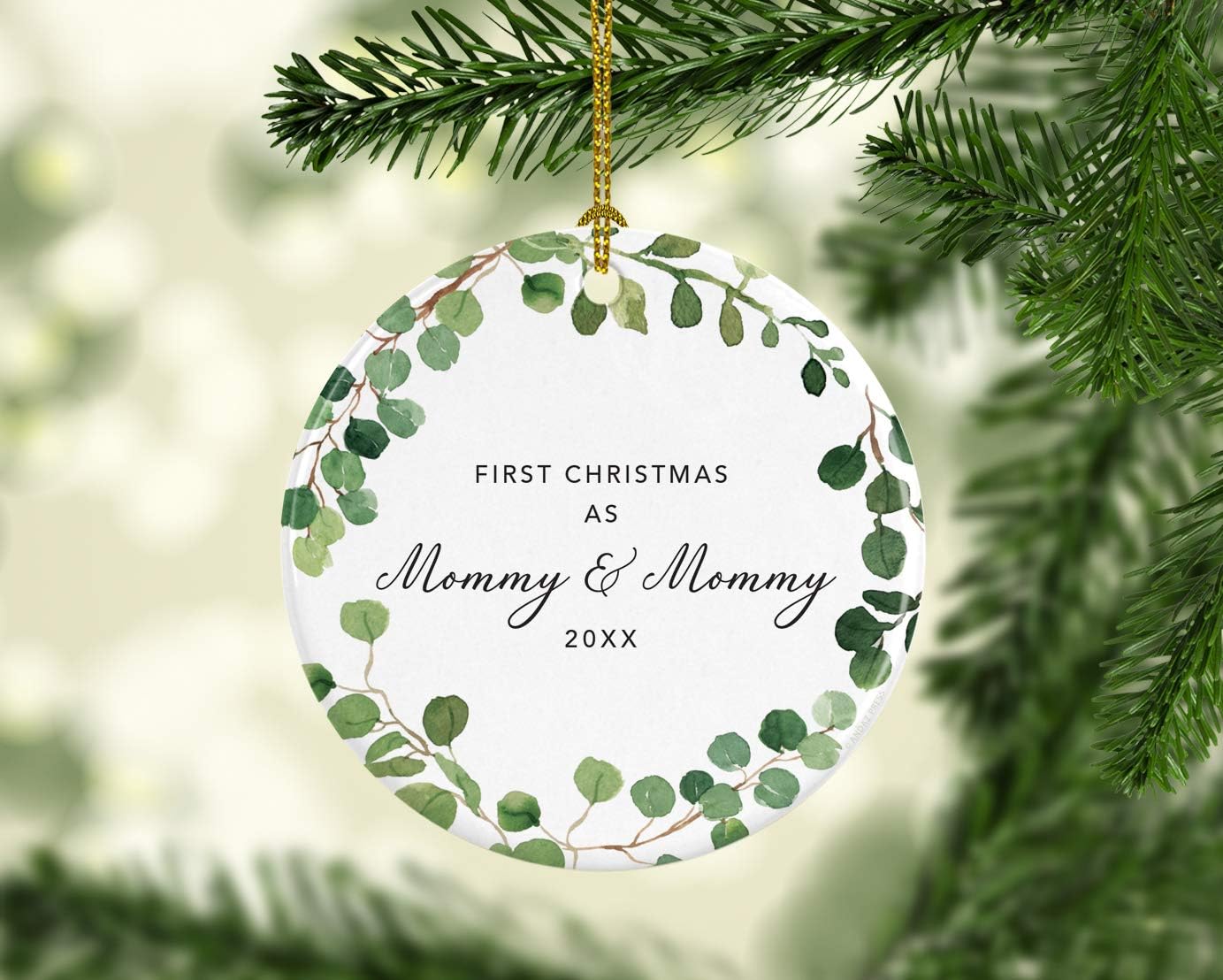Andaz Press Custom Year Round Ceramic Porcelain Christmas Tree Ornament Keepsake Collectible Gift, First Christmas as Mommy & Mommy 2025, Farmhouse Eucalyptus Wreath, 1-PackLesbian Couple