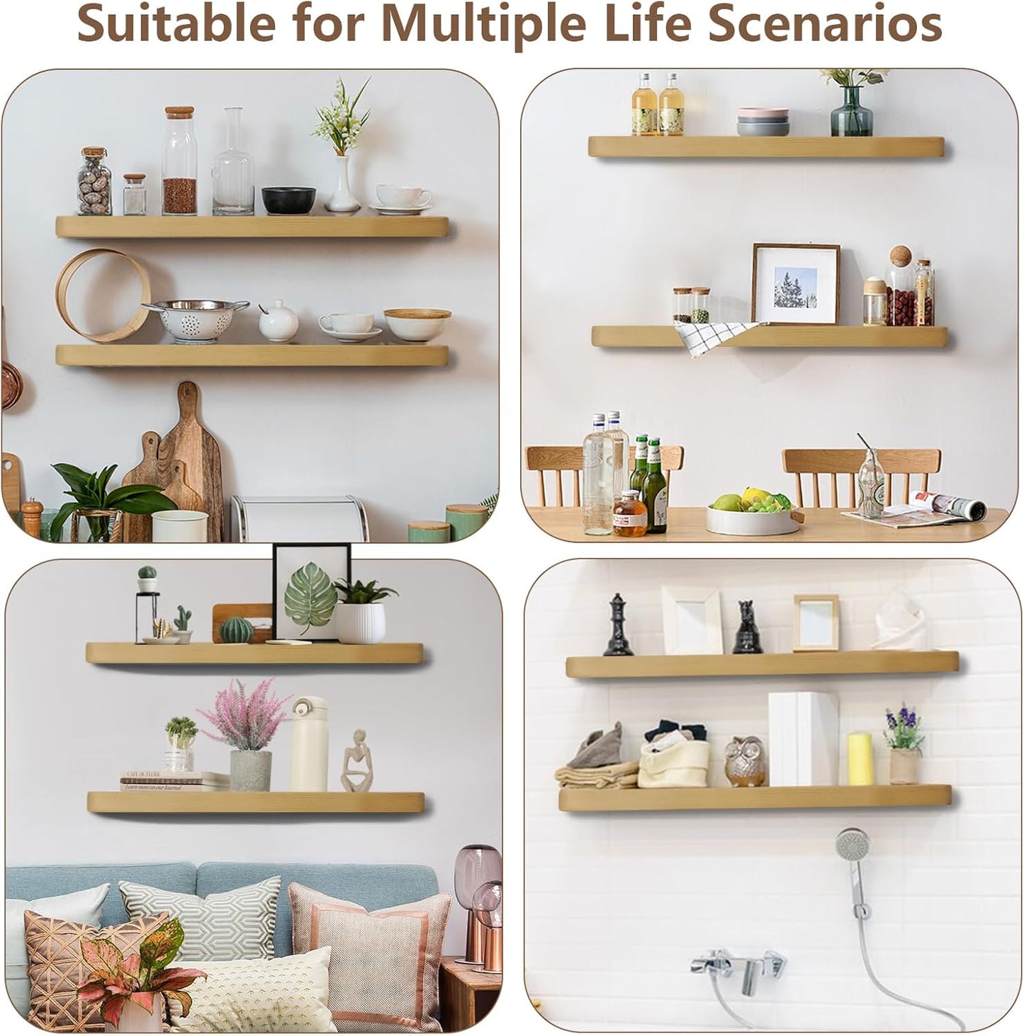 Solid Wood Floating Shelves Set of 2 - Natural, Warp & Crack Resistant 23.62 Inch Wall Shelf with Invisible Brackets Thicker, More Durable for Bathroom, Bedroom, Kitchen, Living Room (Wood, 23.62)