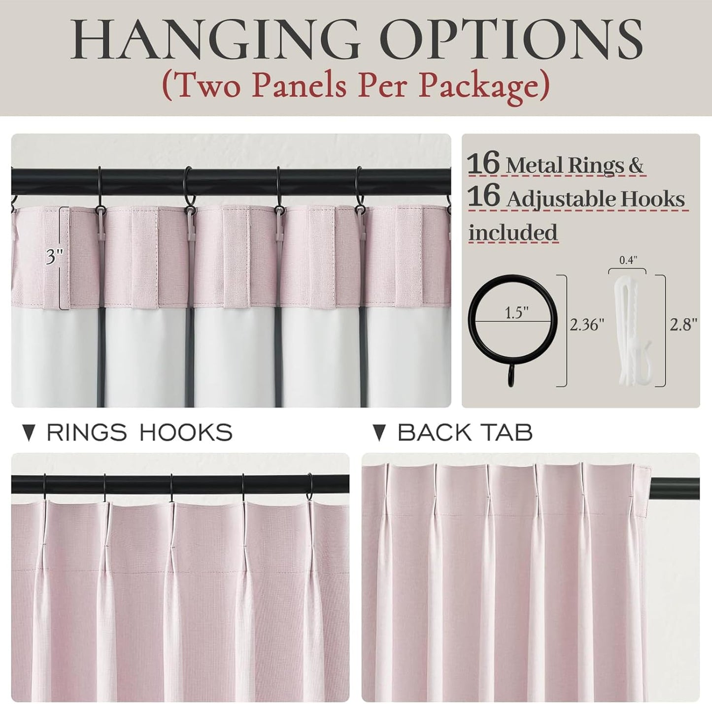 Pale Pink Blackout Kitchen Curtains 45 Inch Length 2 Panels Set, Pretty Pinch Pleated Natural Linen Mini Drapes Thermal Privacy with Hooks & Back Tab 45 Inch Long Curtain for Small Windows Light Pink