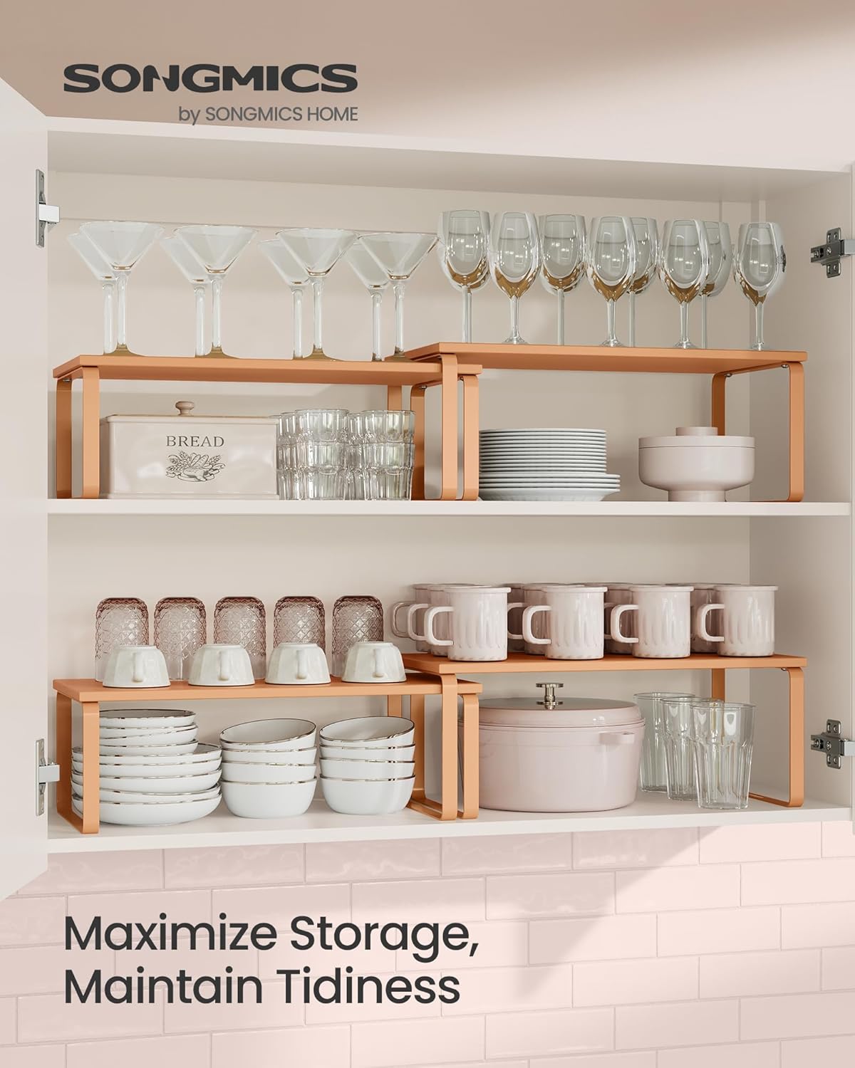 SONGMICS Cabinet Organizer Shelf, Set of 2 Kitchen Counter Shelves, Kitchen Storage, Spice Rack, Stackable, Expandable, Metal and Engineered Wood, Apricot UKCS200Y01