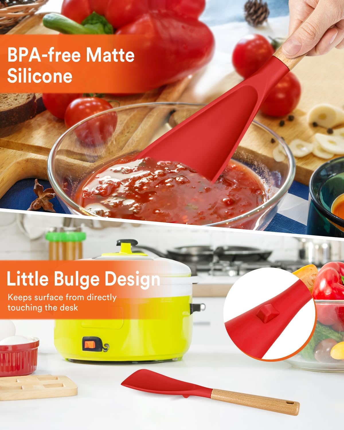 Multifunction Spatula Spoon for Nonstick Cookwares, Great for Cooking and Serving, Sturdy BPA-Free Matte Silicone, Wood Handle Spatula for Mixing, Scoop, and Scrape, Red(2 pack,11.4" & 13.4")