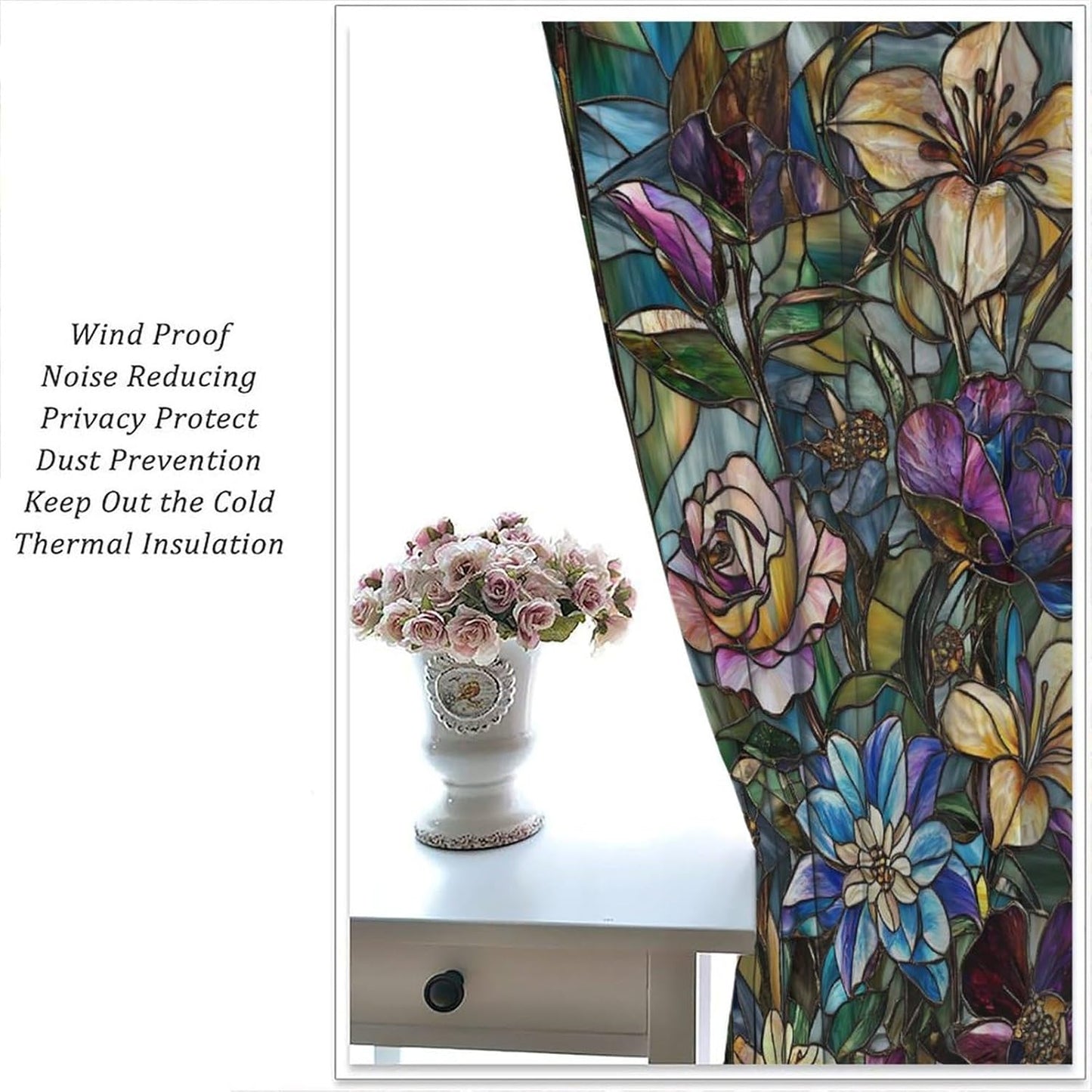 Stained Glass Curtains,Retro Colored Glass Flowers Art Home Decor Drapes for Bedroom Living Room Kitchen Window Treatment 2 Panels Set Total Size 52" W X 84" L Inch