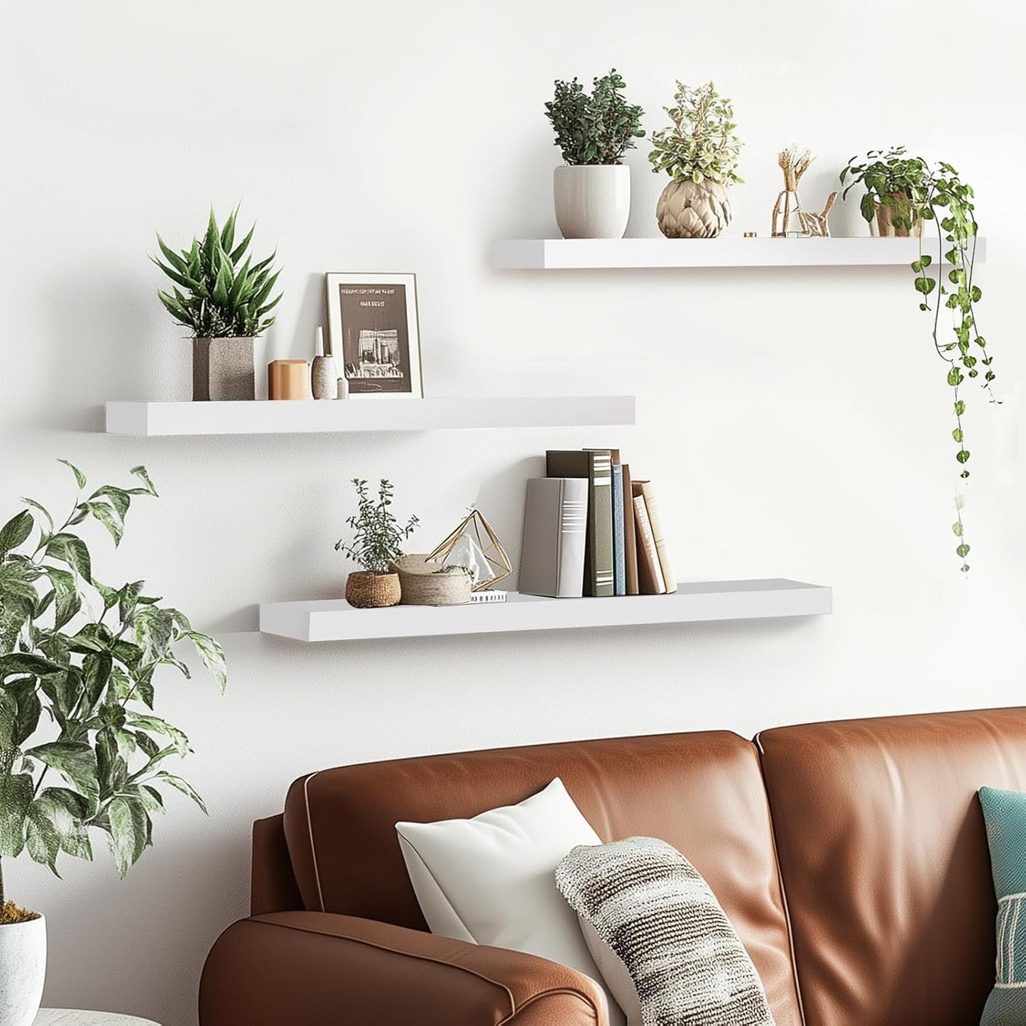 3-Pack Floating Wall Shelves, 24-Inch Rustic White Wooden Shelves for Storage and Décor, Easy Installation for Living Room, Bedroom, and Kitchen