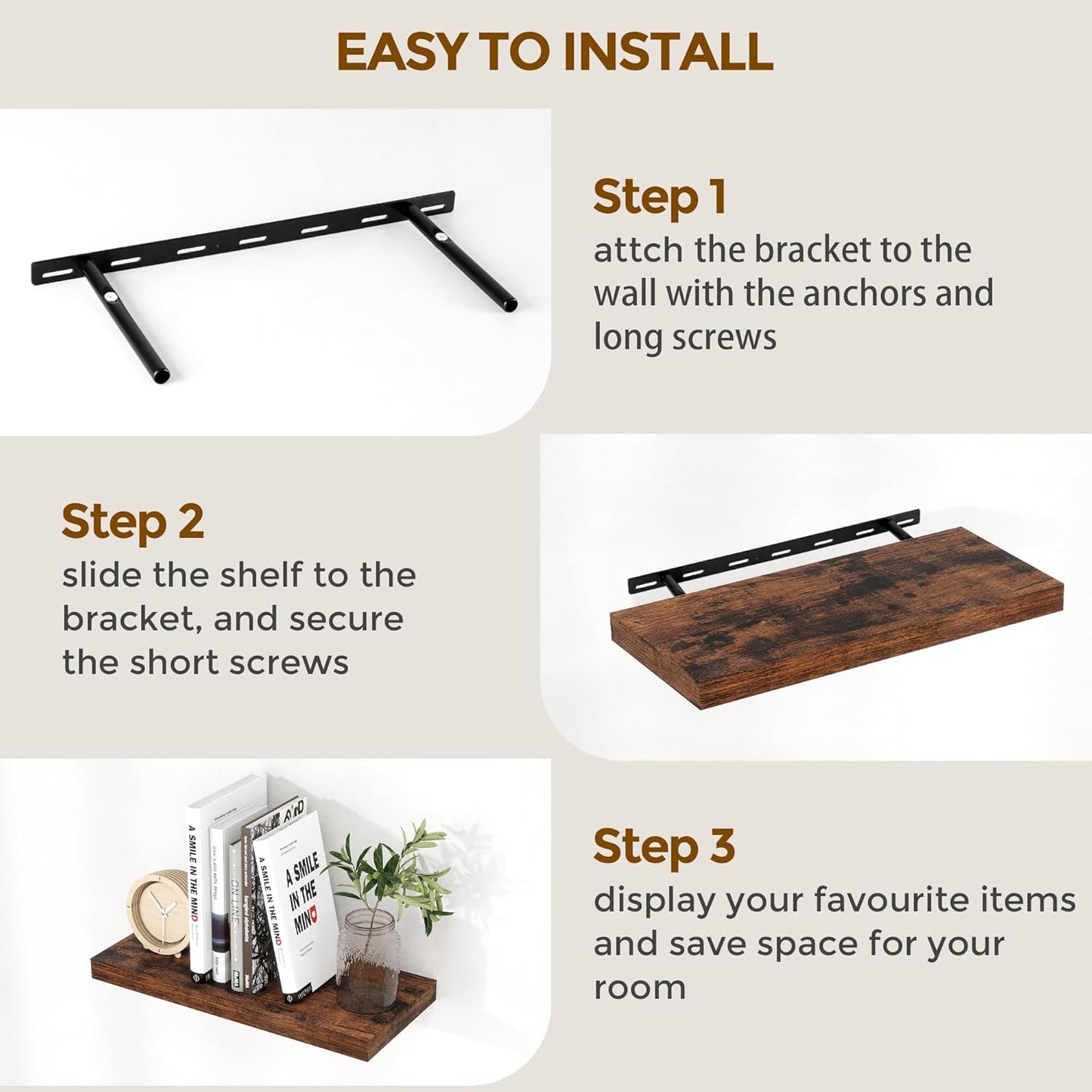 24 x 9 Floating Shelves, 9 Inch Deep Floating Shelf Wall Mounted, 24 Inch Bathroom Shelves Set of 2, Rustic Wood Wall Shelf for Bedroom, Living Room, Rustic Brown Color