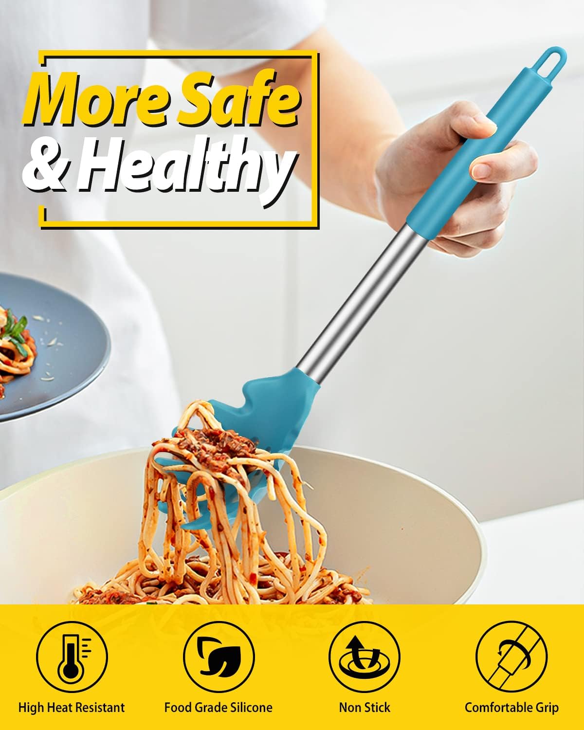 Silicone Pasta Fork and Ladle Spoon Set, Large Non Stick Kitchen Utensils for Cooking,Stirring,Serving Spaghetti, Soup, Sauce (BLUE)