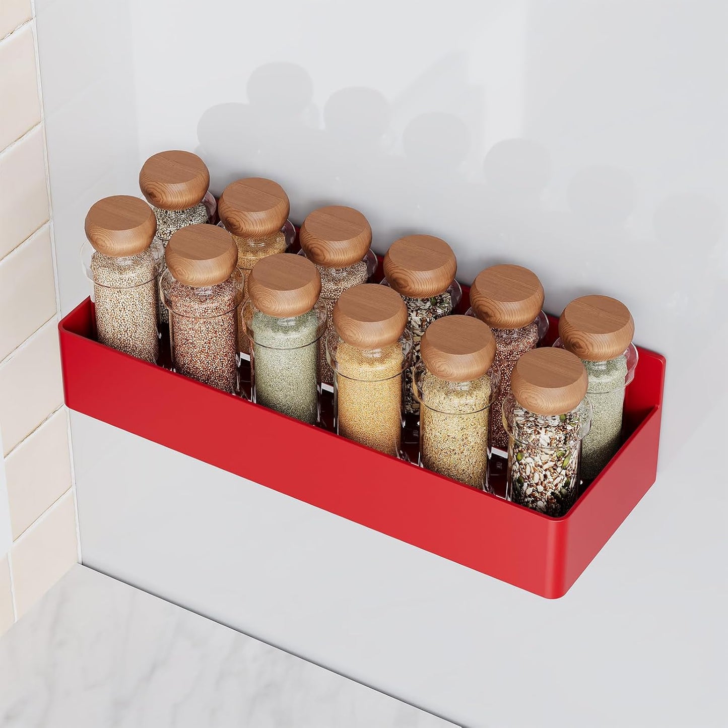 Magnetic Spice Rack for Refrigerator, Kitchen Organizer and Storage Shelf, Red (4 Pack)…
