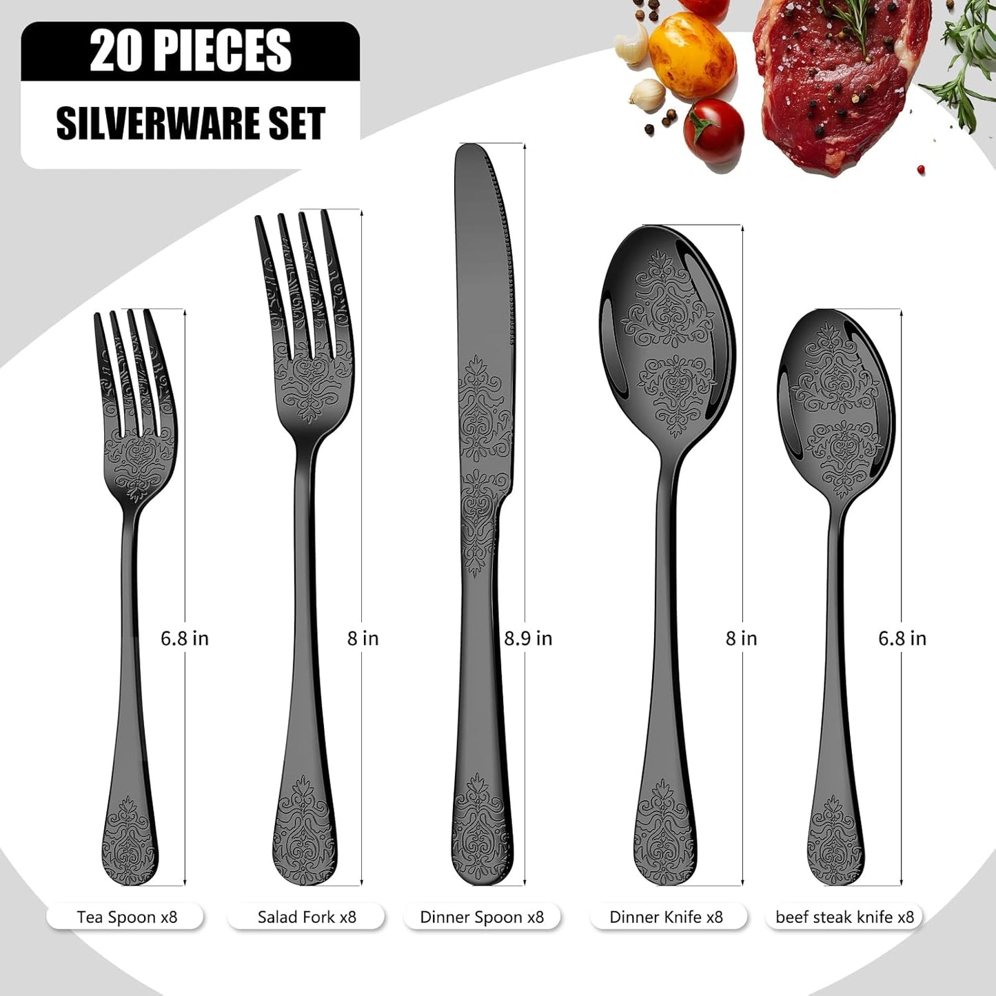 20 Pcs Black Silverware Set for 4 with Classical Flower Embossed Design, Food Grade Stainless Steel Flatware Set, Eating Utensils Sets Include Fork/Knife/Spoon, Cutlery Set, Dishwasher Safe
