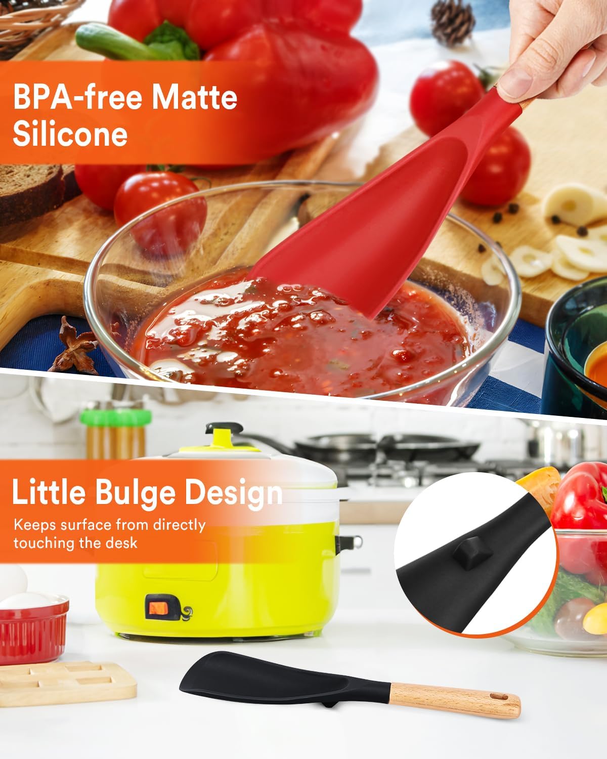 Cooking Spoon for Nonstick Cookwares, Great for Cooking and Serving Sturdy BPA-Free Matte Silicone, Wood Handle Spoon for Mixing, Scoop, and Scrape (Black & Red, 11.4 inch)
