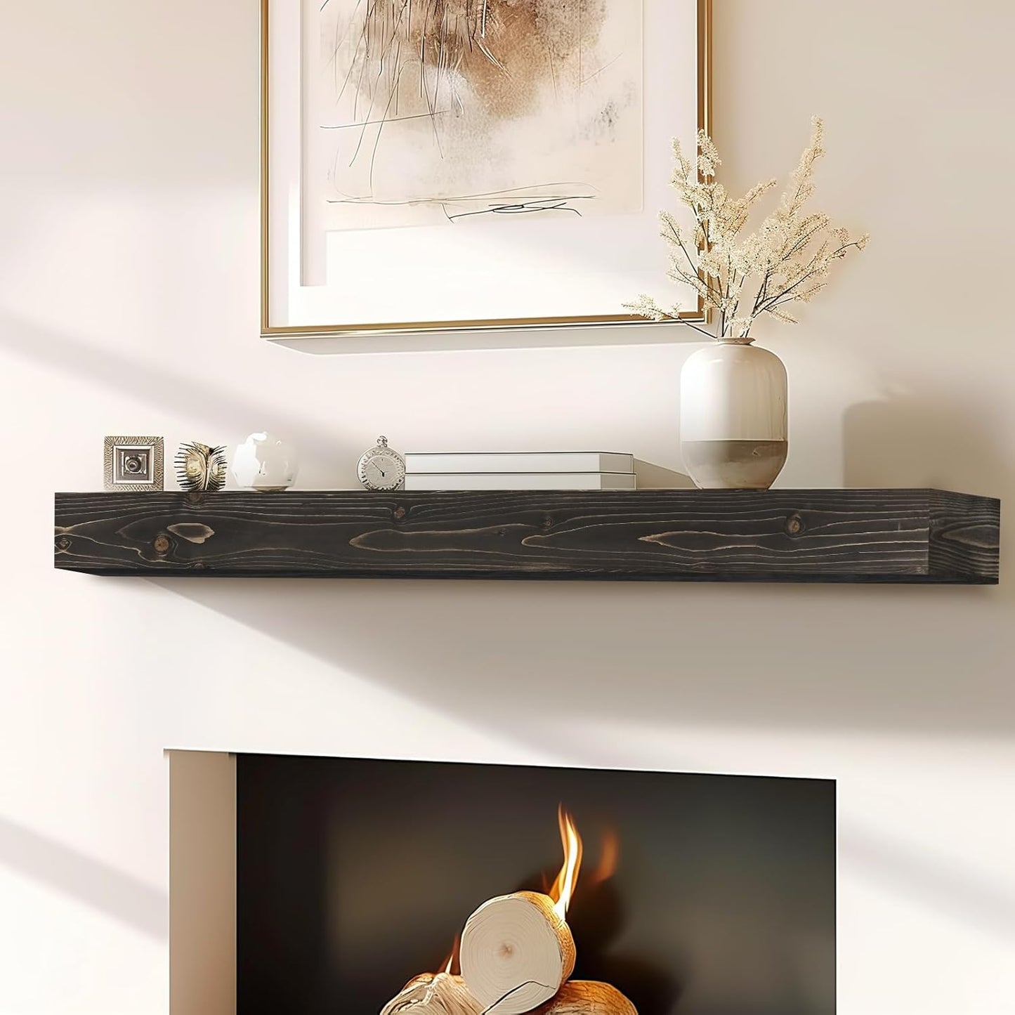 56x8x3 Fireplace Mantel - Handcrafted Hollow Rustic Solid Wood Wall Mounted Floating Shelf with Invisible Heavy Duty Wood Bracket (Weathered Black)