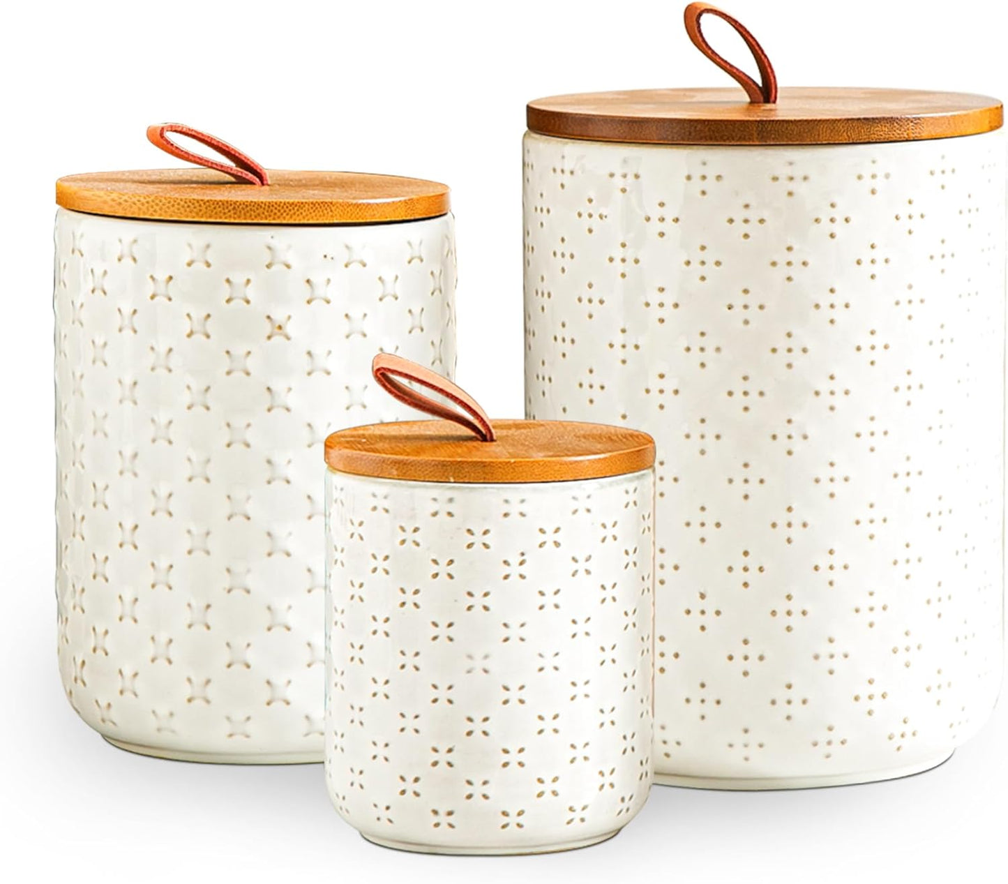 JOJUNO White Ceramic Canister Set with Wooden Lids – 3-Piece Airtight Food Storage Jars for Kitchen, Embossed Design, Small/Medium/Large Sizes (12/30/48 oz) – Flour, Sugar, Coffee, Tea Containers
