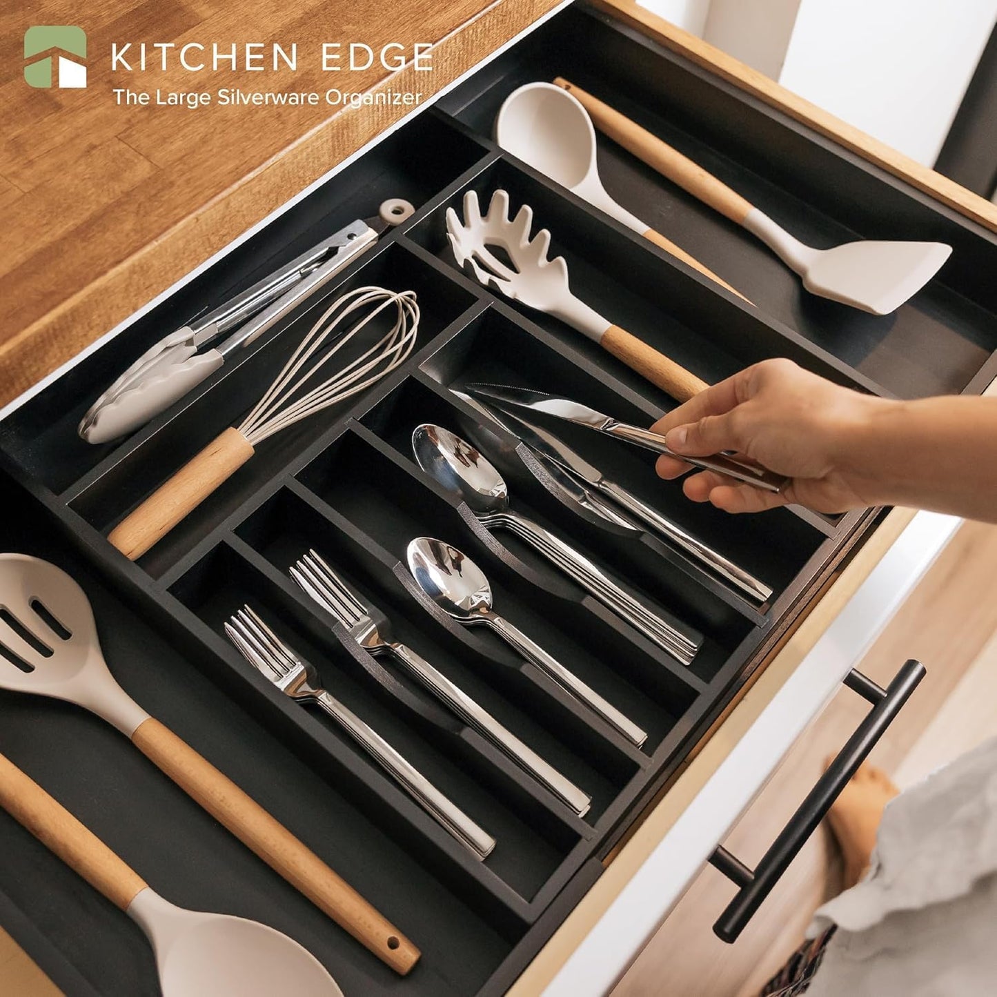 Premium Silverware, Flatware and Utensil Organizer for Kitchen Drawers, Food-Safe Contract Grade, Expandable from 16 to 28 In, Black Bamboo