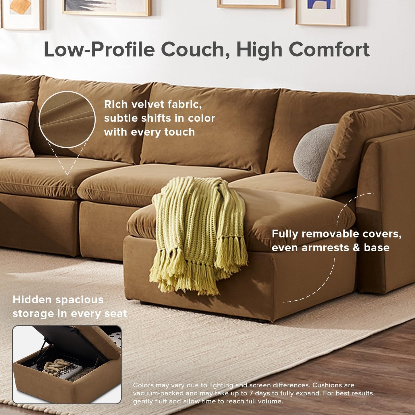 mopio Oversized Modular Sectional Sofa with Fully Removable Covers and Storage, Convertible U, L-Shaped and Sleeper Sectional, Modern Couches with Ottoman Chaise (Hazelnut Velvet, 8 Seats, U)