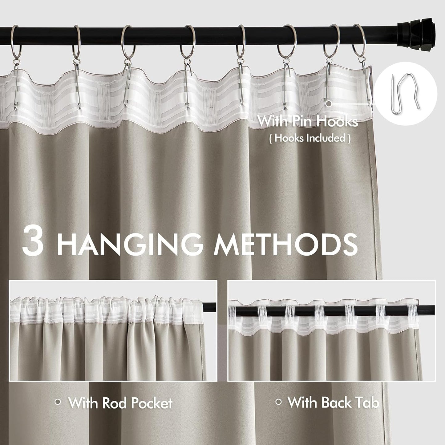 MIULEE Stone Back Tab Blackout Curtains 108 Inch Long 2 Panels Set for Bedroom, Rod Pocket/Pinch Pleat Extra Long Thermal Insulated Living Room Darkening Pleated Light Blocking Drapes