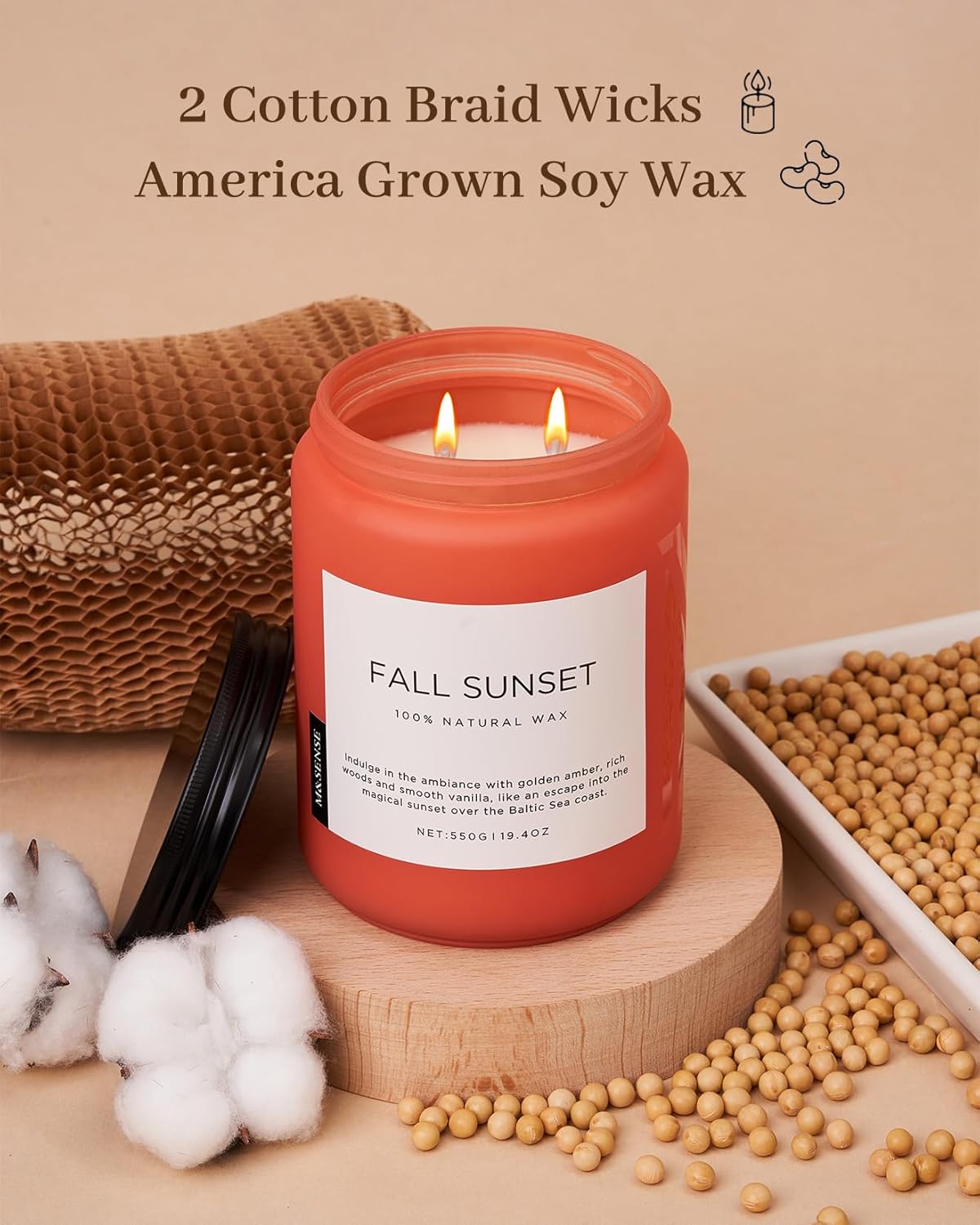 M&SENSE Fall Sunset Amber Scented 19.4oz 110 Hours Long Lasting Slow Burning Candle for Housewarming, Large Natural Soy Organic Relaxing Aromatherapy Candle Gifts for Women Men