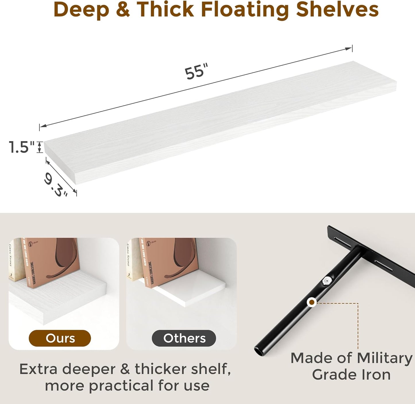 Fun Memories Floating Shelves 55 Inch Set of 2, White 55 x 9 Wall Shelves for Home Decor Storage, Rustic Wood Floating Shelf for Wall, 9 Inch Deep Shelving for Bathroom, Living Room, Kitchen