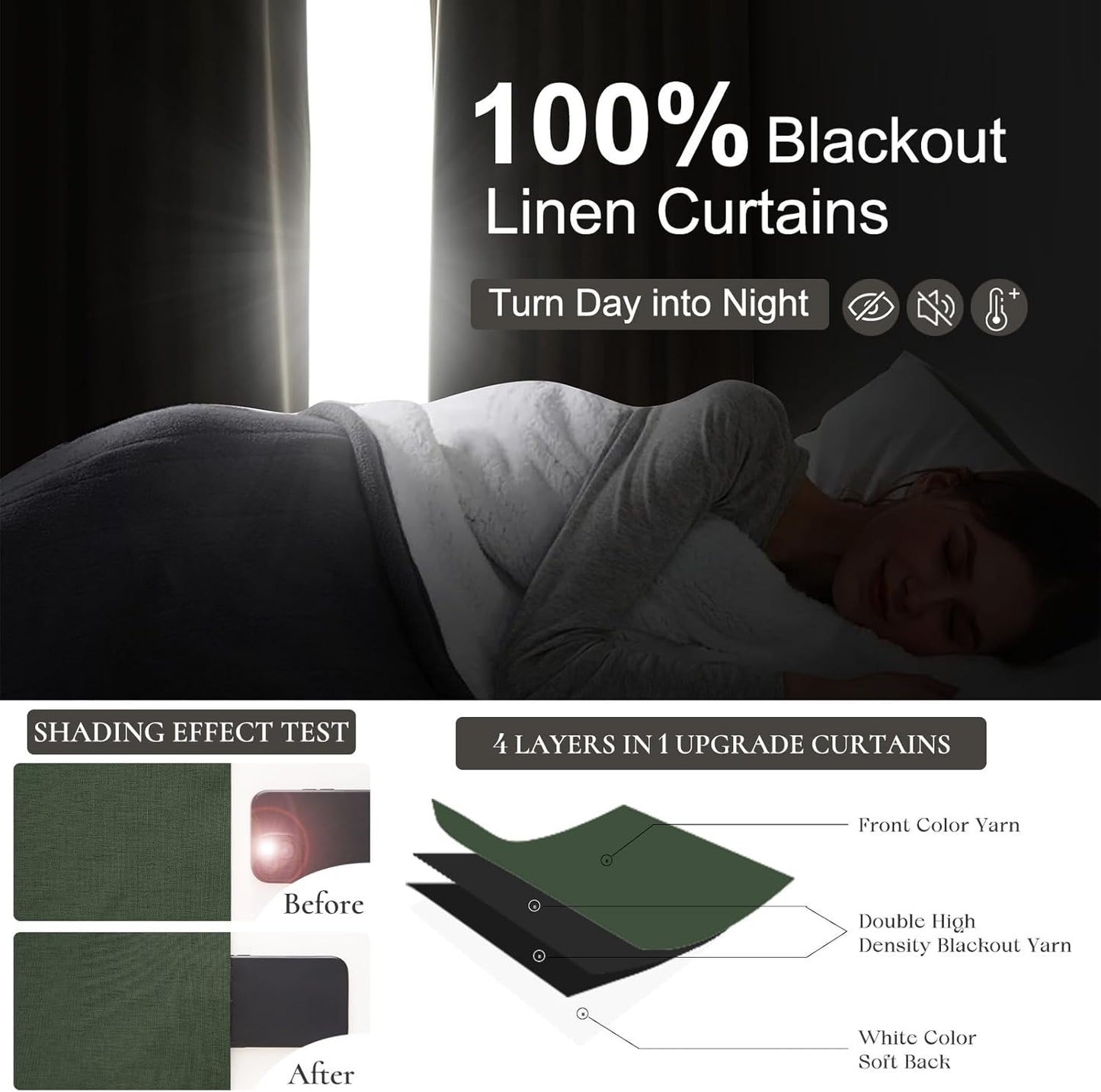Lush Decor 132 Inch Long Insulated Back Tab Pinch Pleated Curtains, Linen Olive Green Blackout Large Window Drapes, Room Darkening Extra Long Tall Curtain for Living Room (40" Wx132 x2 Panels Loden)
