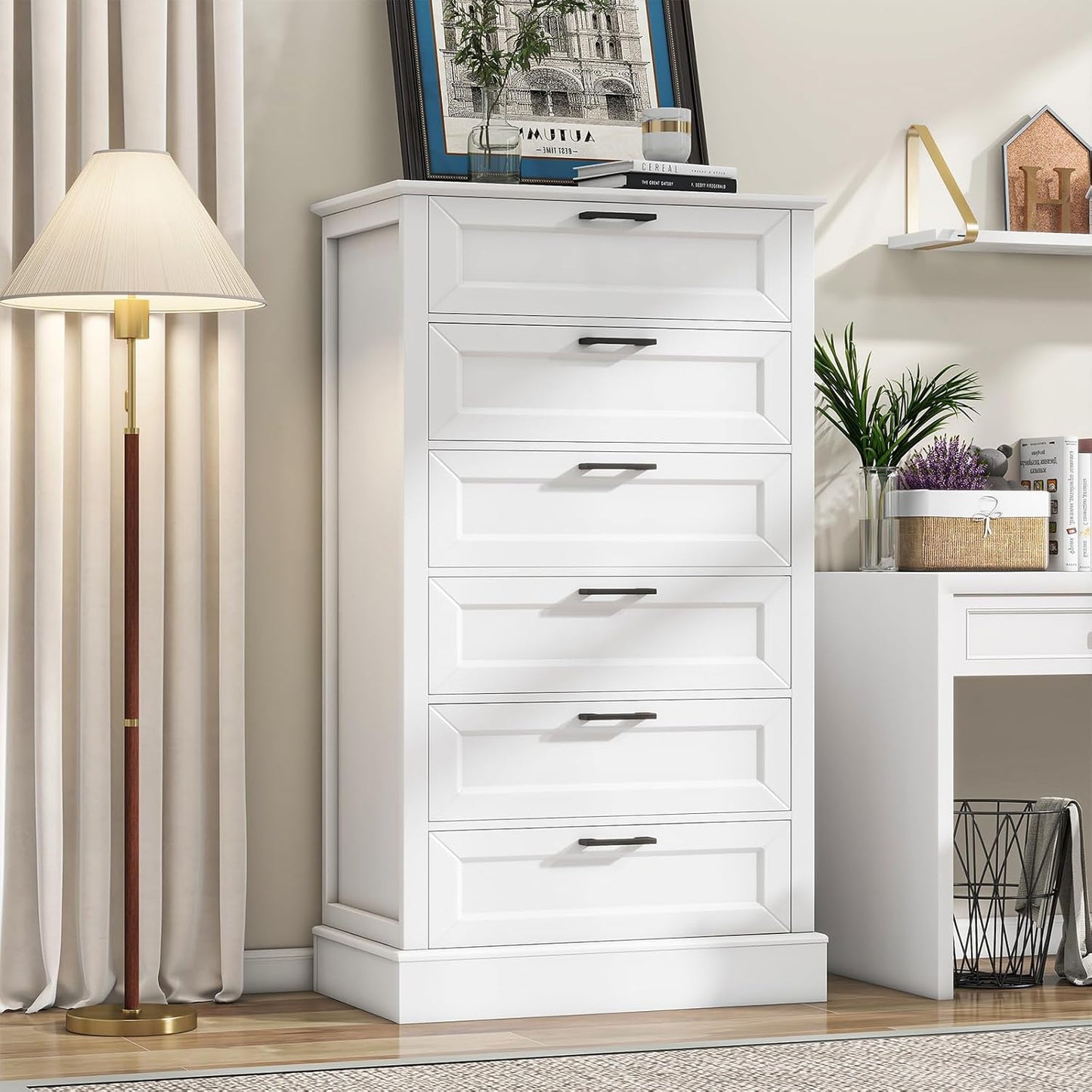 White 6 Drawer Dresser, 55 Inch Tall White Dresser for Bedroom, Modern Farmhouse Style Chest of Drawers for Bedroom Living Room, Wood Rustic Tall Clothing Organizer for Closet, Living Room, Hallway